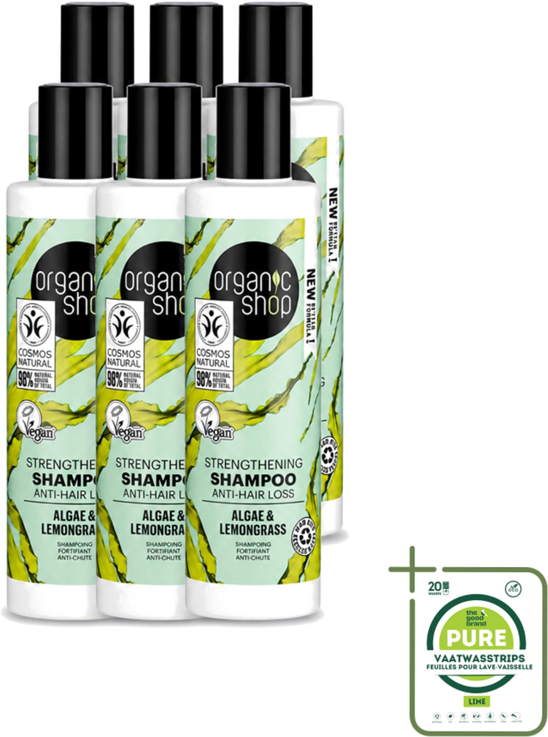6 x Organic Shop - Algae & Lemongrass Strengthening Shampoo - Versterkend en Herstellend - 280 ml - Grootverpakking - Vaatwasstrips - Haarversterking - Haaruitval - Organisch Algenextract - Citroengrasolie - Gezonde Haarwortels