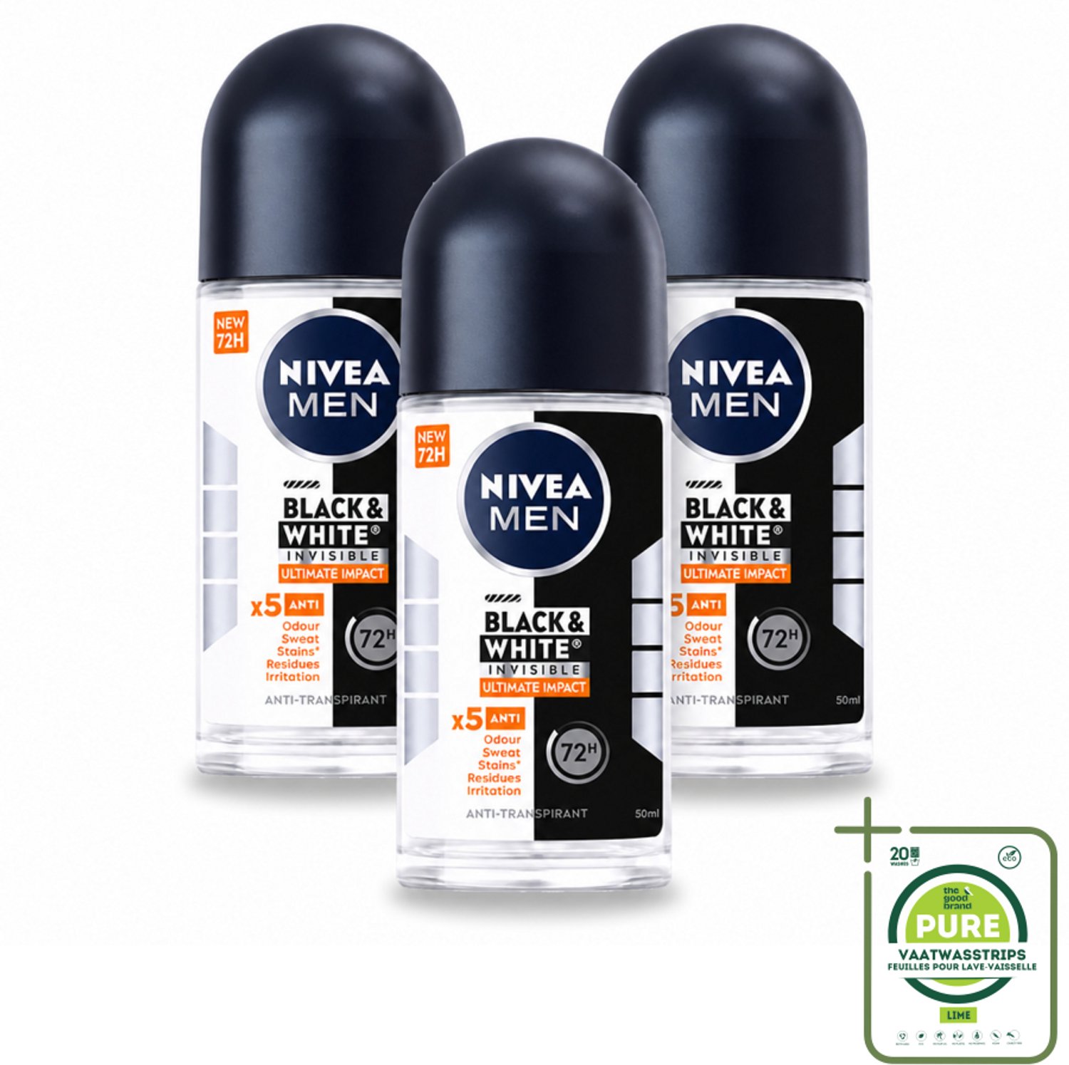 3 x NIVEA MEN - Deodorant Roller - Black & White Ultimate Impact - 50 ml - Grootverpakking - Deodorant - Zweetbestendig - Anti-vlekken - Kledingbescherming - Huidbescherming