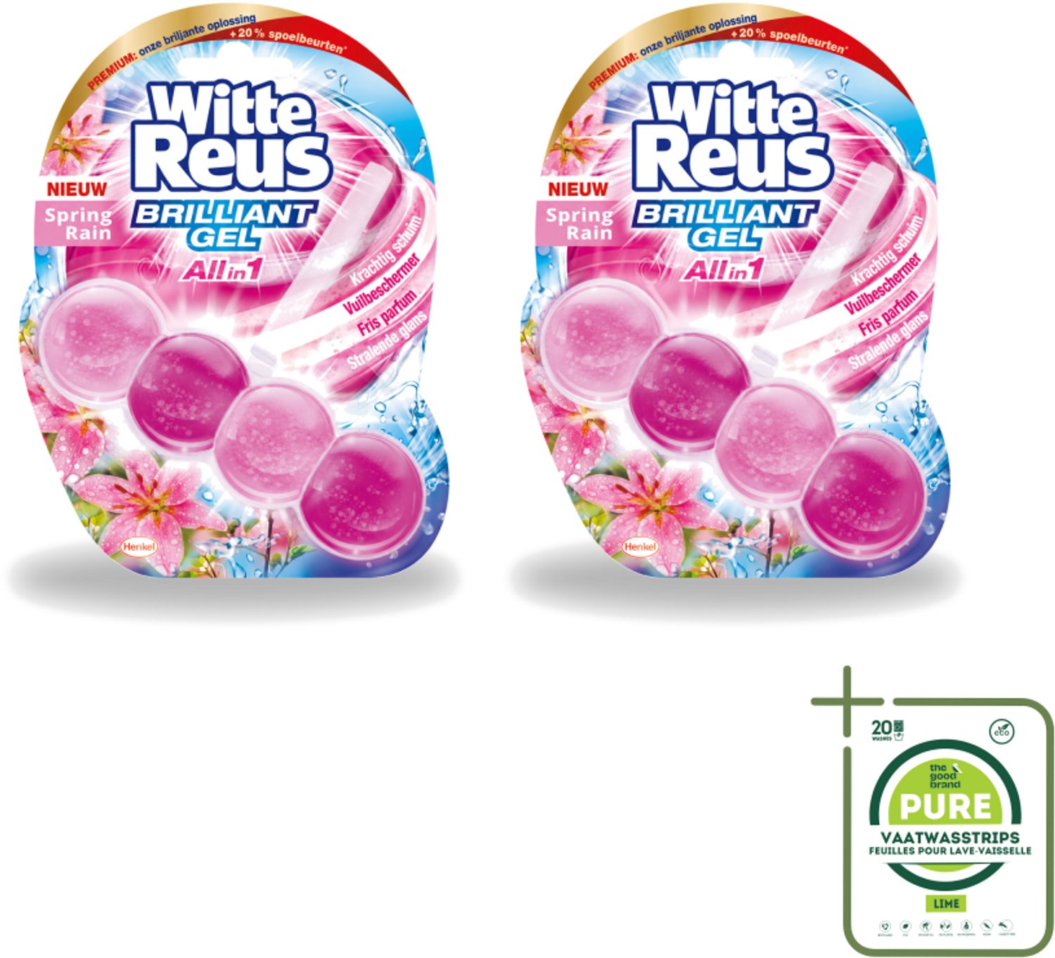 2 x Witte Reus - Toiletblok Brilliant Gel - Spring Rain - 1 Toiletblok - Grootverpakking - Vaatwasstrips - Toiletgel - Reinigingsgel - Frisheid - Schoonmaak - Toiletpot
