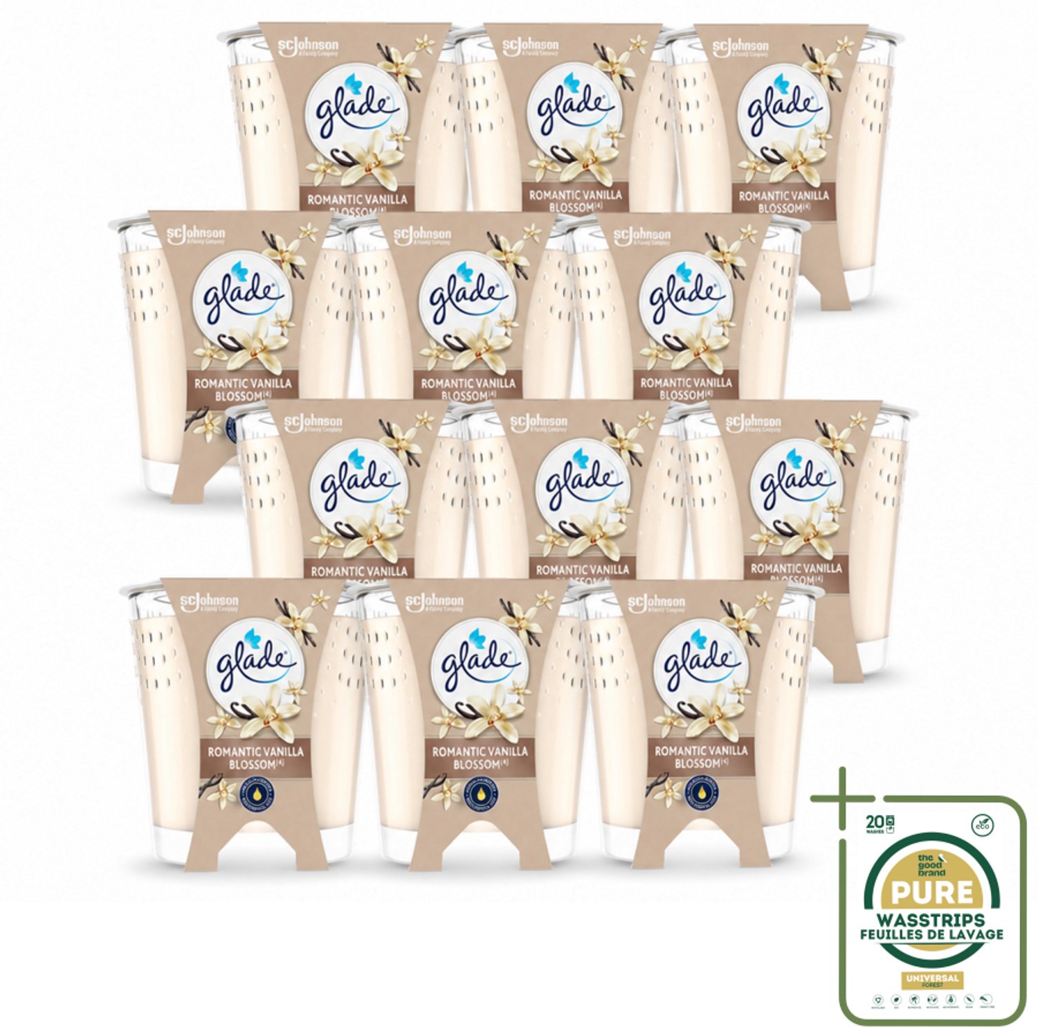 12 x Glade - Geurkaars Romantic Vanillebloesem - 100% Raapzaadwas & Vegan - 112 g - Wasstrips - Geurkaars - Geur - Kaars - Vegan - Duurzaam