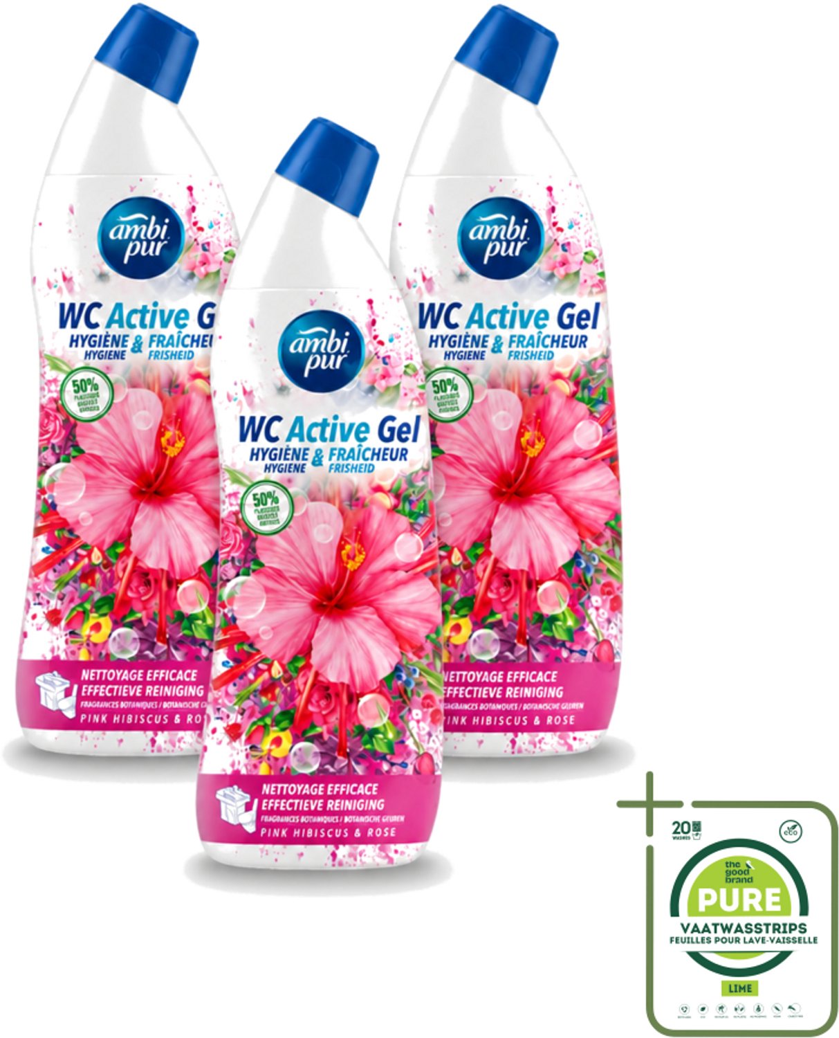 3 x Ambi Pur - Toiletreiniger - WC Active Gel - Hibiscus & Roos - 750 ml - Grootverpakking - Vaatwasstrips - Toiletreiniger - Wc Reinigen - Anti-kalk - Wc Gel - Hibiscus En Roos