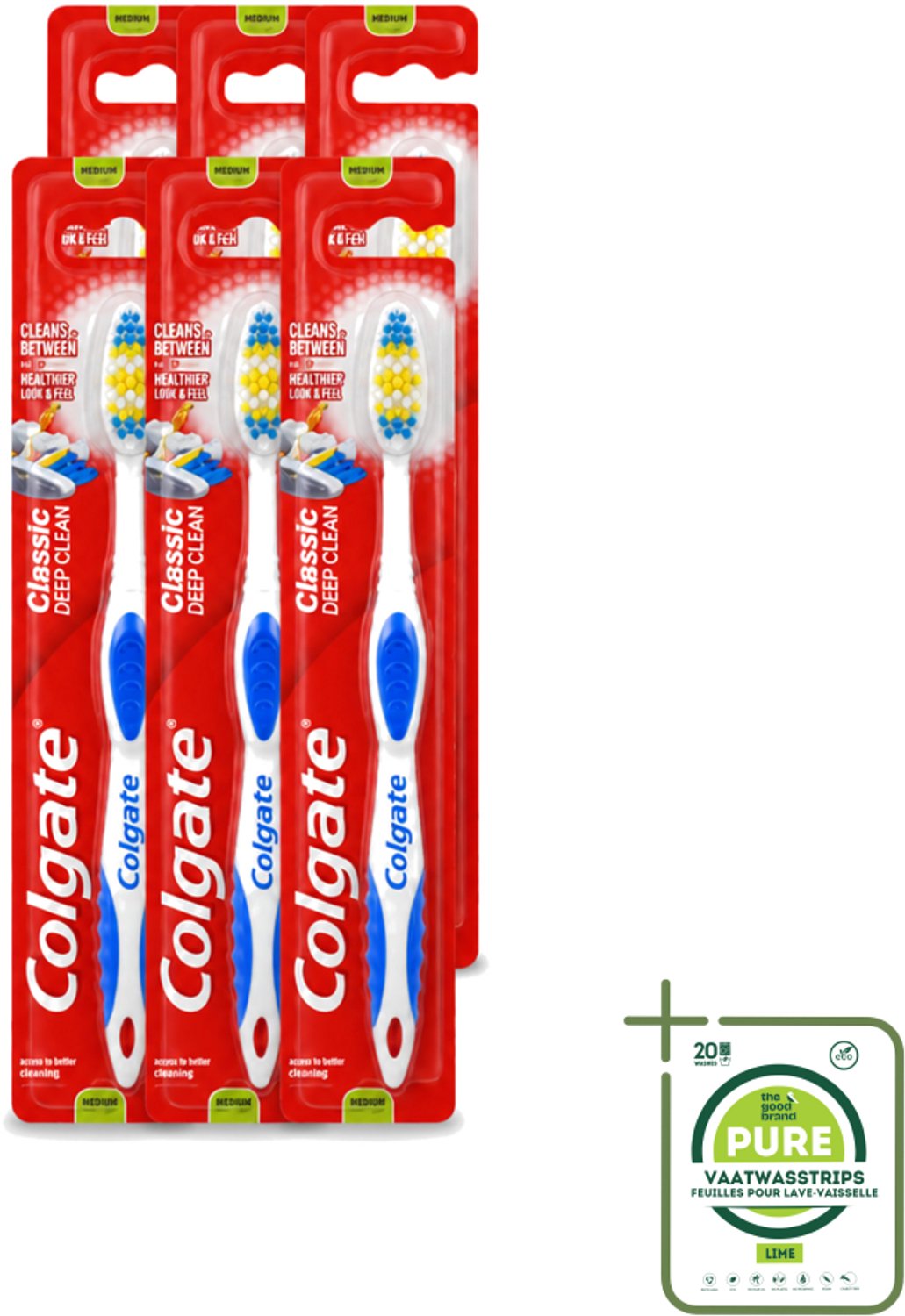 6 x Colgate - Tandenborstel - Classic Deep Clean Medium - 1 Tandenborstel - Grootverpakking - Vaatwasstrips - Tandenborstel - Mondhygiëne - Tanden Poetsen - Tandplak Verwijderen - Gezonde Mond
