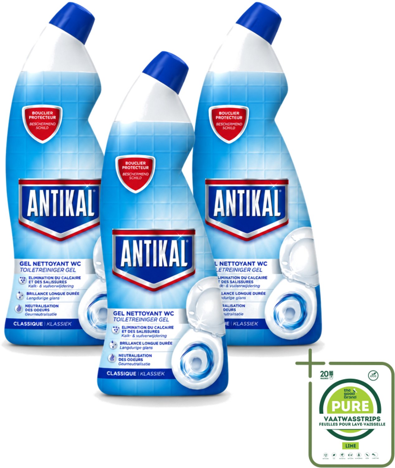 3 x Antikal - Toiletreiniger - Verwijdert Kalkaanslag & Vuil - 750 ml - Grootverpakking - Vaatwasstrips - Toiletreiniger - Kalkverwijdering - Fris Toilet - Geurinsluitend - Toilet Reinigen