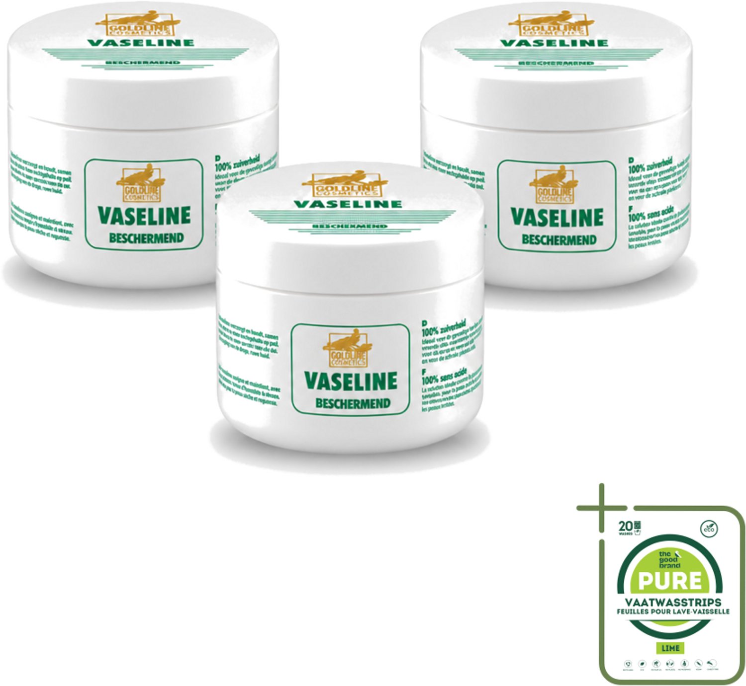 3 x Goldline - Vaseline - Huidverzorging - Beschermend & Hydraterend - 250 ml - Grootverpakking - Vaatwasstrips - Bodycrème - Hydratatie - Bescherming - Huidverzorging - Vocht Vasthouden