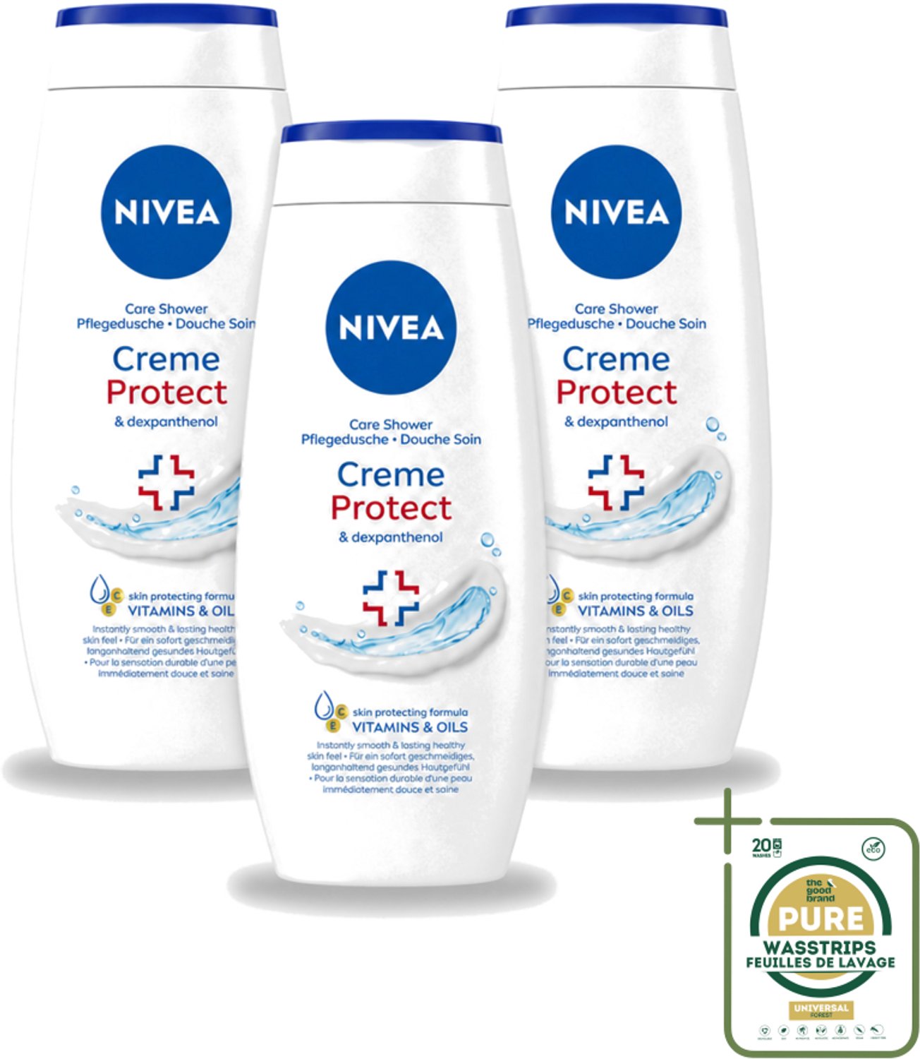 3 x Nivea – Douchecrème – Protect – 250 ml - Wasstrips - Douchecrème - Huidverzorging - Huidbescherming - Vitamine C - Vitamine E