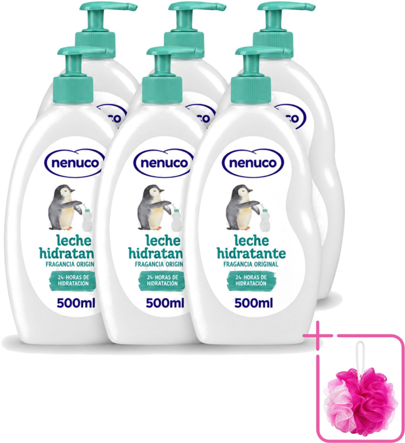 6 x Nenuco - Bodymilk - Verzorgende Bodylotion - Hydraterend - Met Pomp - 500 ml - Bulkverpakking - Babyhuid verzorging - Douchemop - Bodymilk voor baby