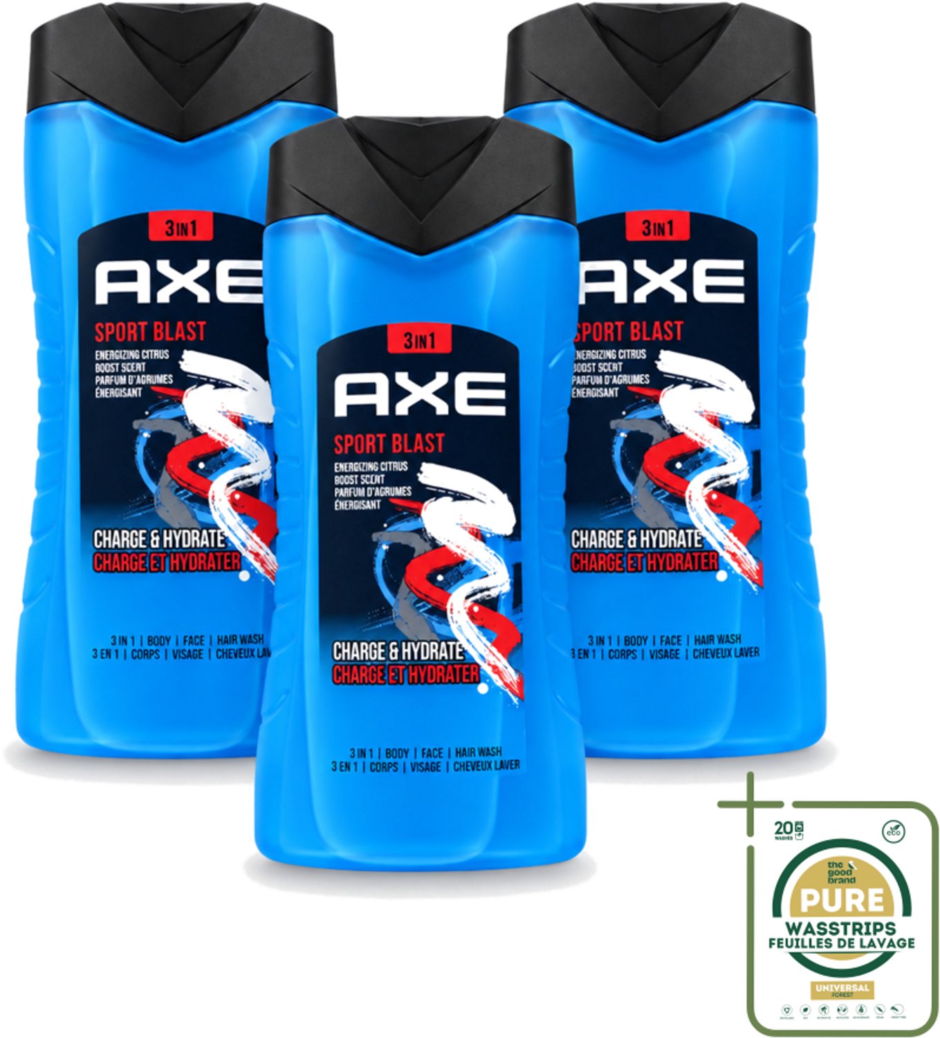 3 x Axe - 3-in-1 Douchegel - Sport Blast - Energizing Citrus - Hydraterend - 250 ml - Wasstrips - Douchegel Sport Blast - Sportgeur - Hydraterende Douchegel - Frisheid Na Training - Energieke Geur