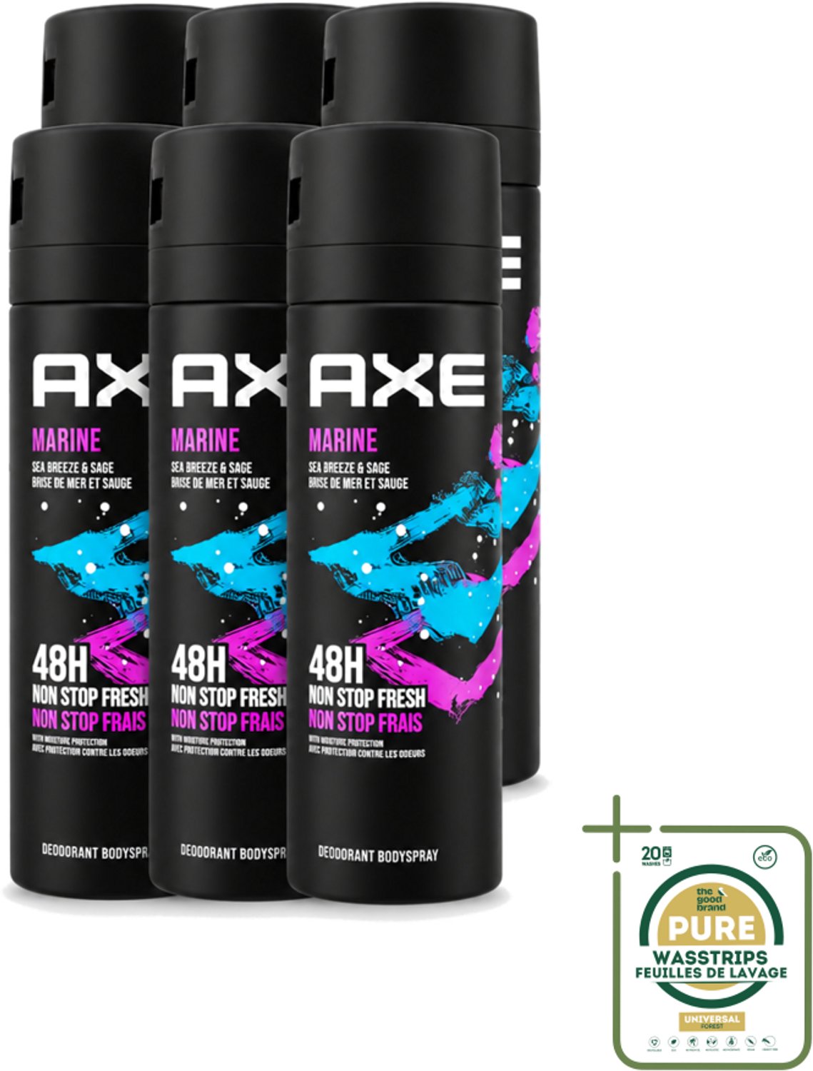 6 x Axe - Deodorant Bodyspray - 100% Fresh Fragrance - Marine - Sea Breeze & Sage - 150 ml - Wasstrips - Deodorant Bodyspray - Marine Geur - Zeebries - Salie - Geurfrisheid