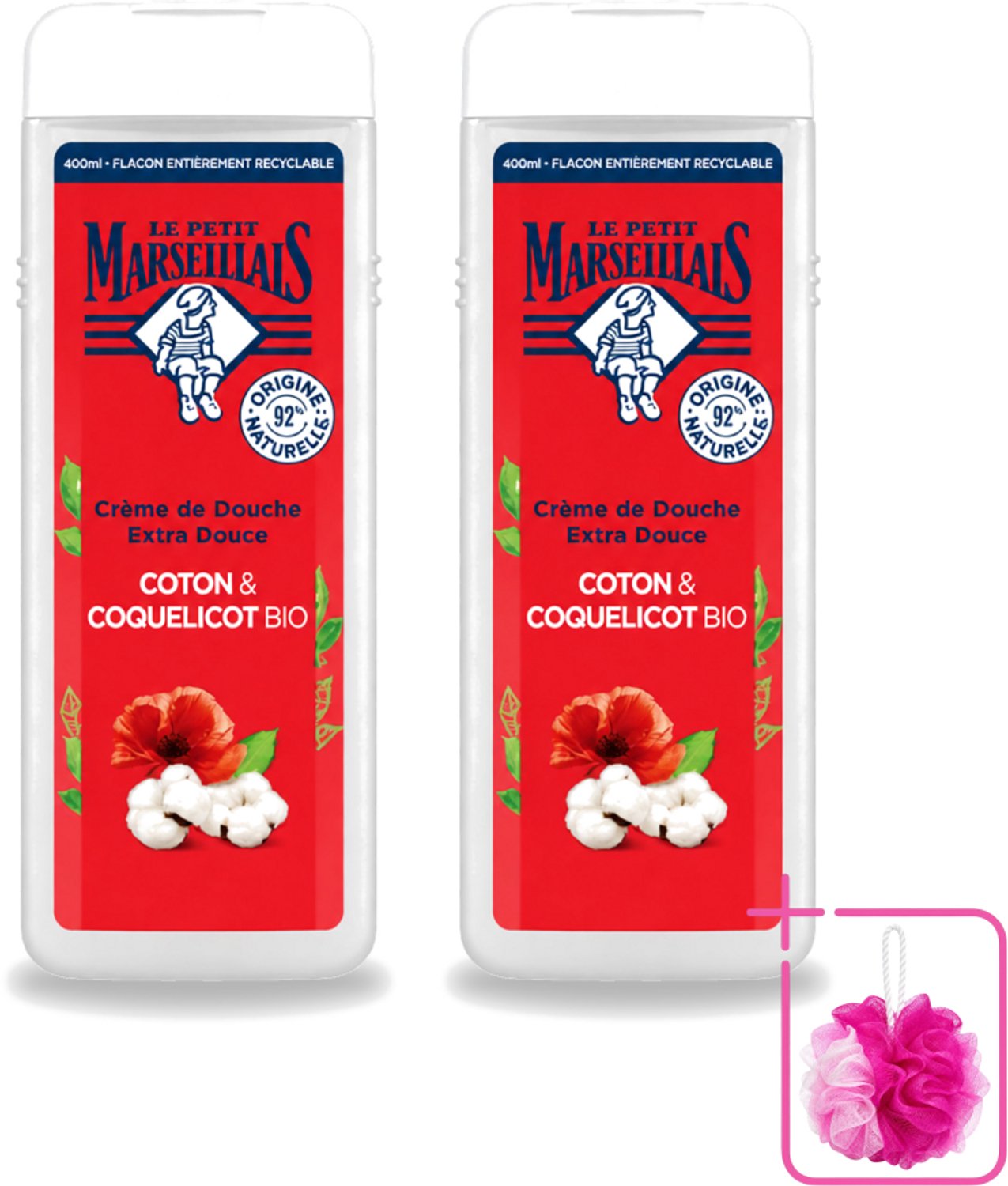 2 x Le Petit Marseillais – Douchegel – Bio Katoenmelk & Papaver – 400 ml - Bulkverpakking - Douchegel bio - Douchemop - Katoenmelk