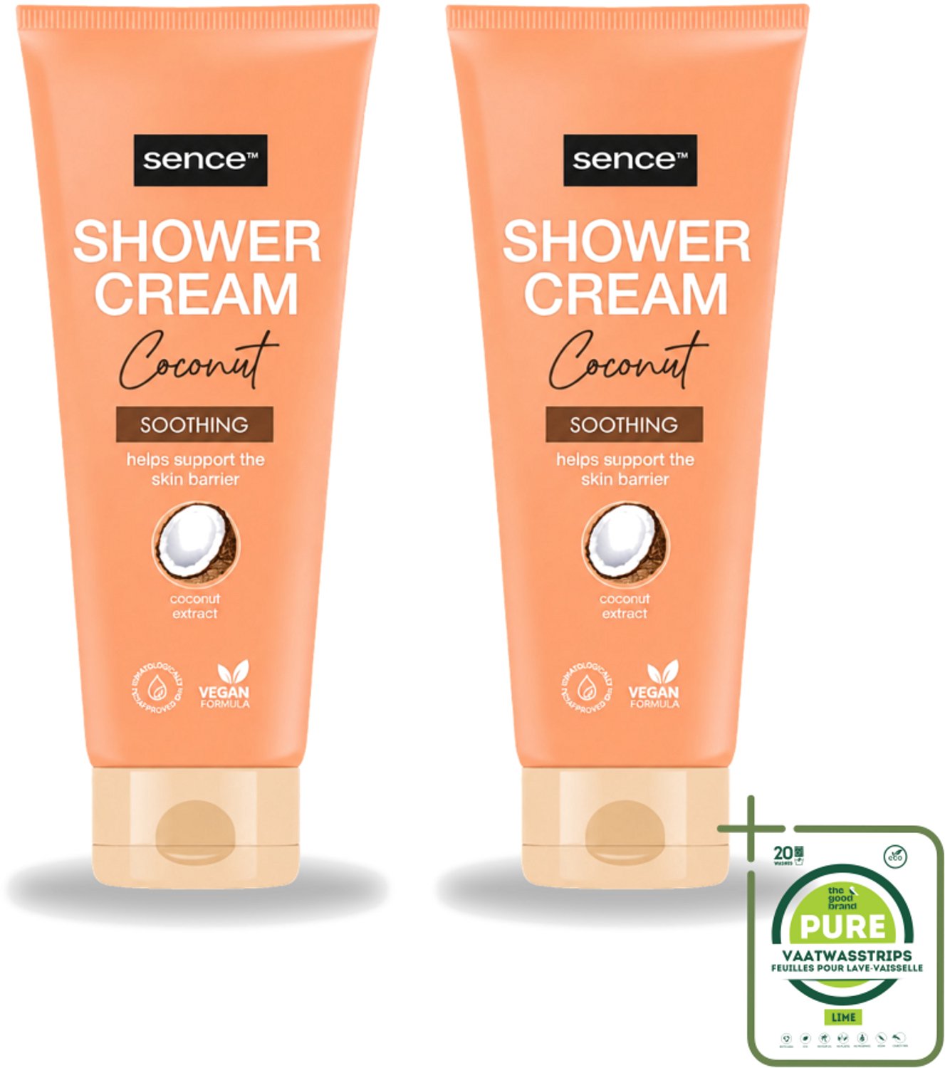2 x Sence - Coconut - Douchecrème - Verzorgend - 200 ml - Grootverpakking - Vaatwasstrips - Douchecrème Kokos - Kokos Geur - Huid Verzorging - Droge Huid - Gevoelige Huid