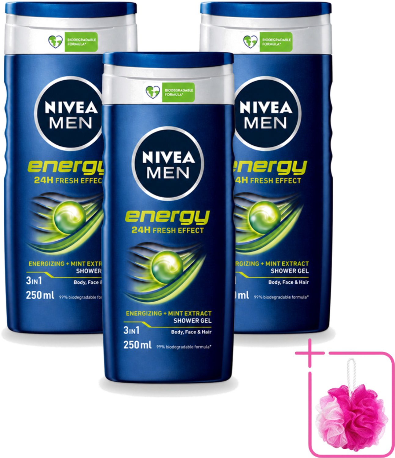 3 x Nivea - Men - Energy Douchegel - Langdurig Fris Gevoel - 250 ml - Bulkverpakking - Douchegel voor mannen - Douchemop - Energieboost
