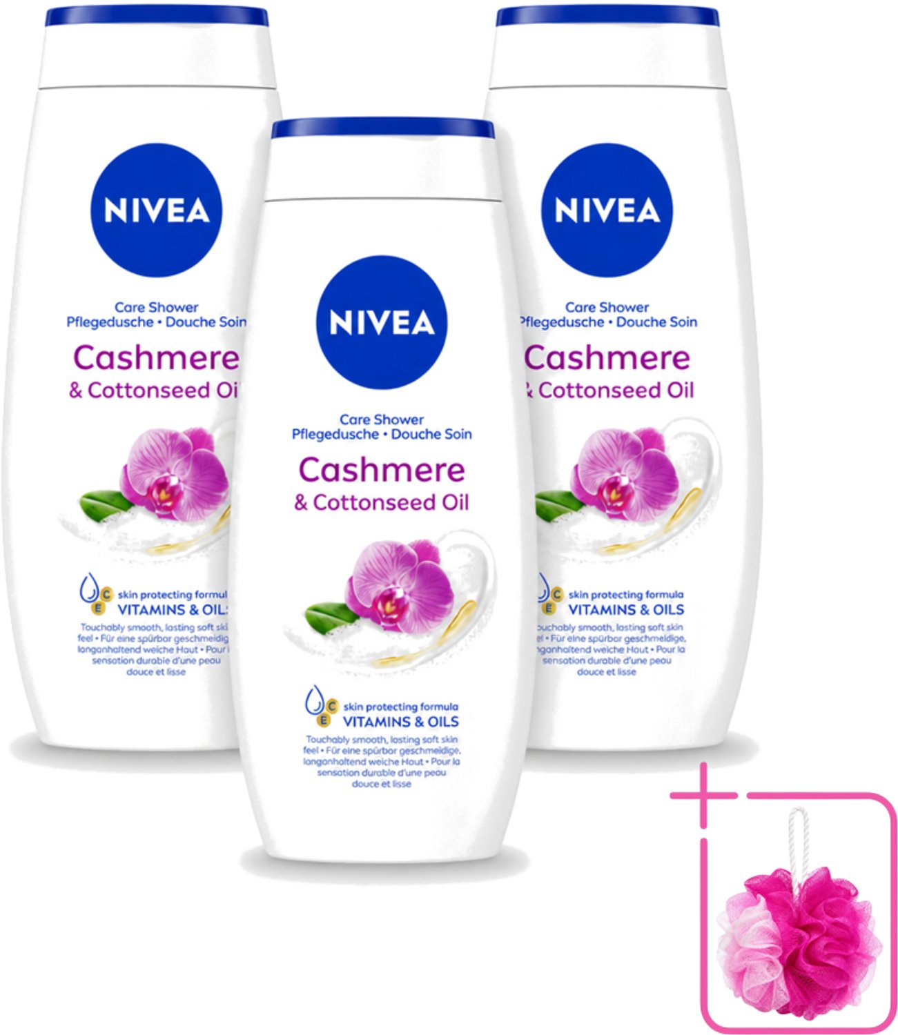 3 x Nivea - Douche Cashmere Moments - Beschermend - 250 ml - Bulkverpakking - Douchegel cashmere - Douchemop - Beschermende douchegel
