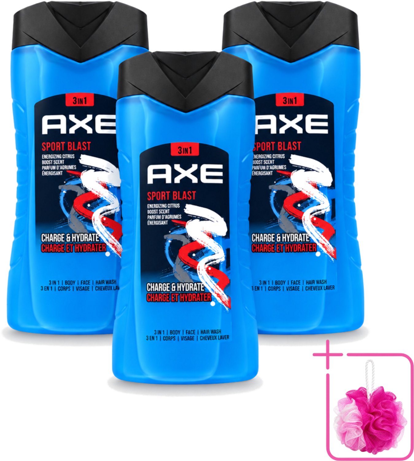 3 x Axe - 3-in-1 Douchegel - Sport Blast - Energizing Citrus - Hydraterend - 250 ml - Bulkverpakking - Douchegel sport - Douchemop - Hydraterende douchegel