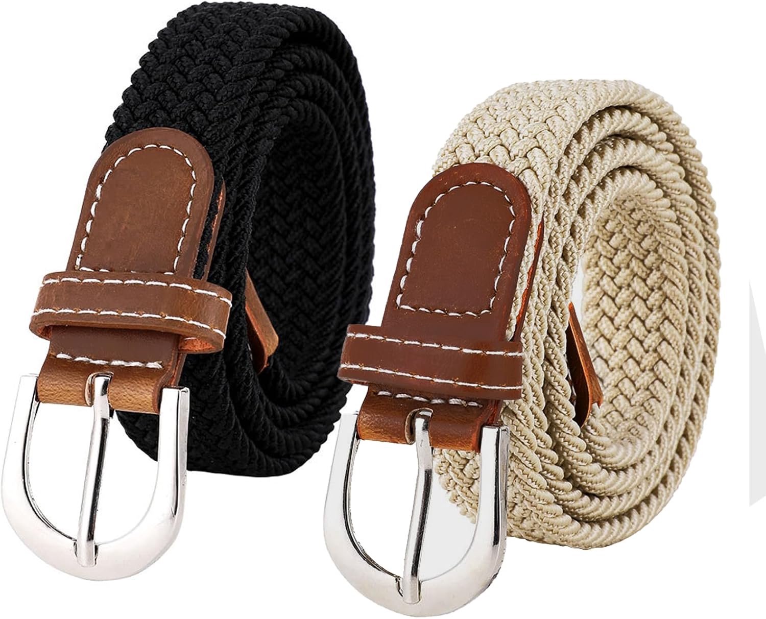 2 Pieces Unisex Elastic Braided Belt, Women Belt, Size 3.2cm Wide, Adjustable Belt Without Hole, Black, White, L - ShopVlot