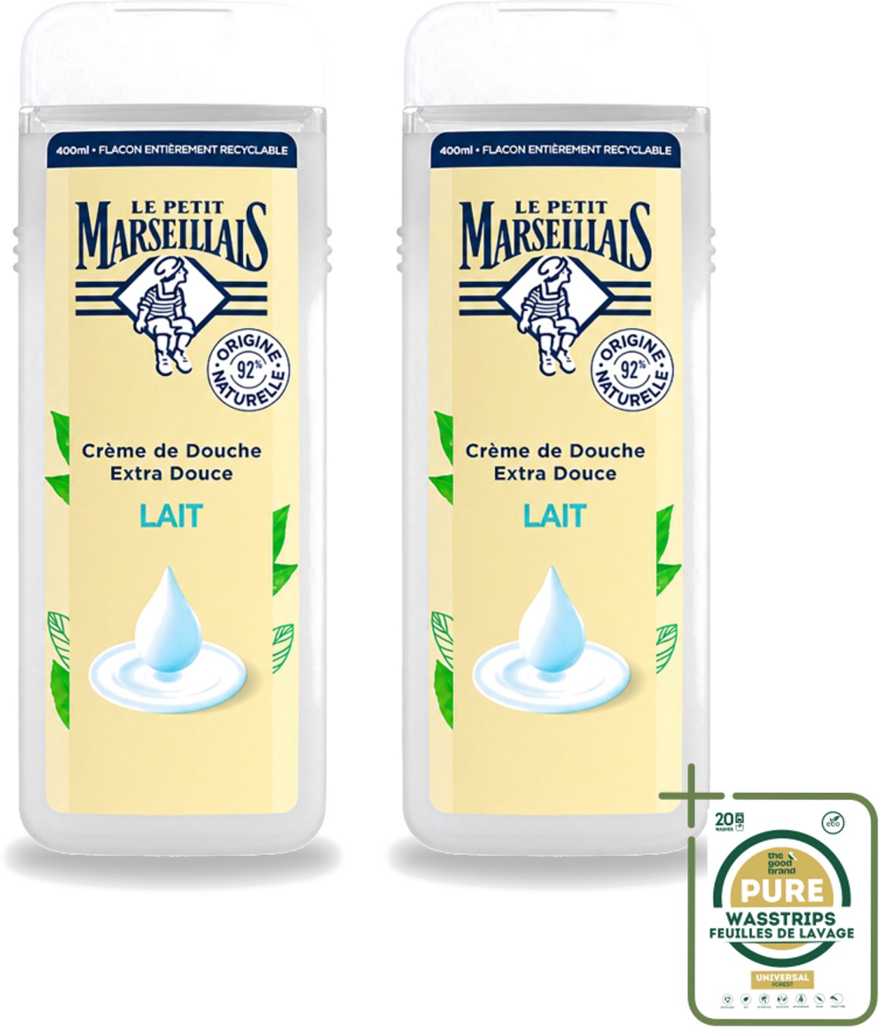 2 x Le Petit Marseillais – Douchecrème – Lait – 400 ml - Wasstrips - Douchecrème - Lait Douchecrème - Hydraterende Douchecrème - Zachte Douchecrème - Natuurlijke Douchecrème