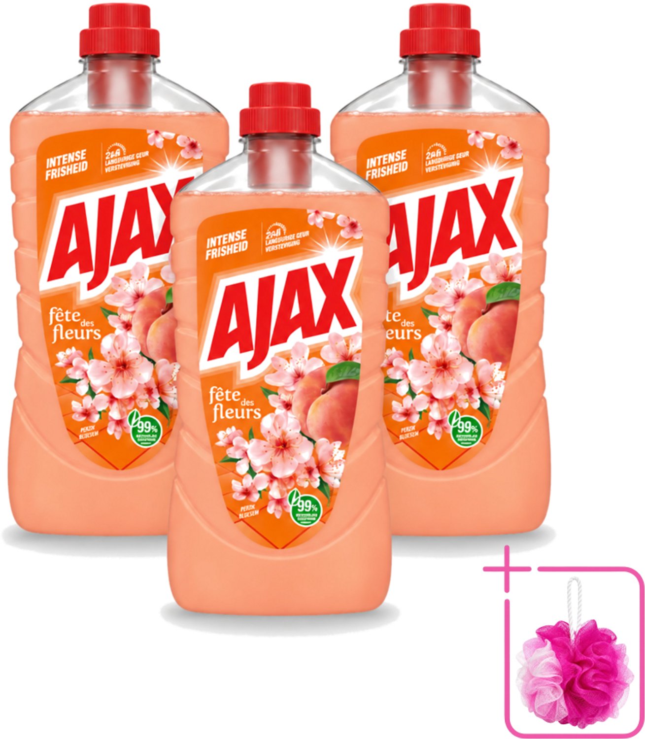 3 x Ajax – Allesreiniger – Perzik – 1000 ml - Bulkverpakking - Allesreiniger - Douchemop - Reinigen