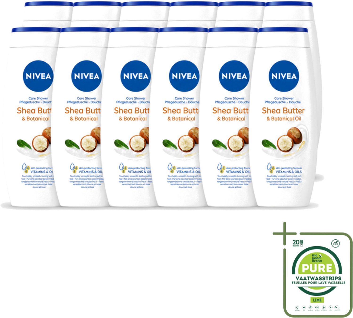 12 x Nivea - Douchegel - Shea Butter & Botanical Oil - 250 ml - Grootverpakking - Vaatwasstrips - Douchegel - Shea Butter - Natuurlijke Olie - Huid Verzorging - PH Neutraal