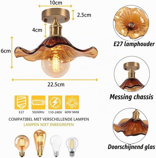 Vintage Plafondlamp in Glas Moderne Plafondlamp E27 Creatieve Lotus Kroonluchter Lampenkap Plafondlamp voor Hal, Woonkamer, Slaapkamer(Amber) — afbeelding 3