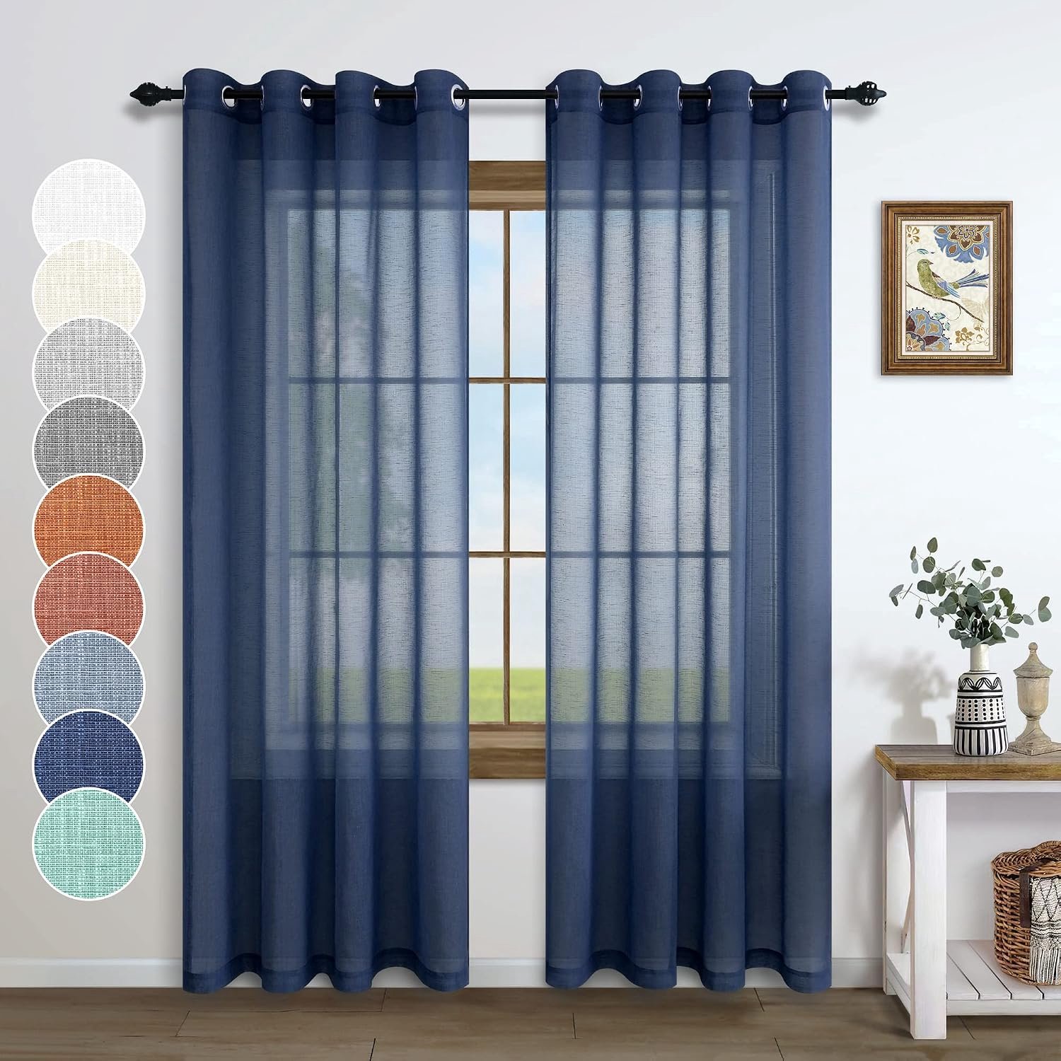 Marineblauwe gordijnen 274 cm lang voor woonkamerraam 2 panelen set doorvoertule gordijn licht filterend faux linnen donkerblauw semi-doorschijnend gordijn voor patio glazen schuifdeur hal salon 132 x