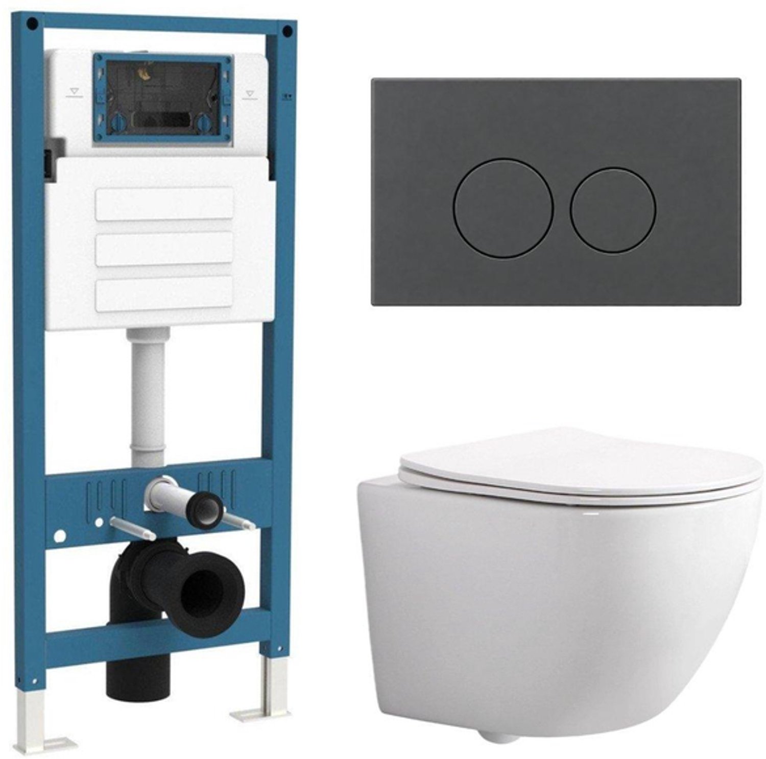 QeramiQ Dely Swirl Compact Toiletset - inbouwreservoir QeramiQ flush - slim zitting - kunststof bedieningsplaat mat antraciet - ronde knoppen - glans wit