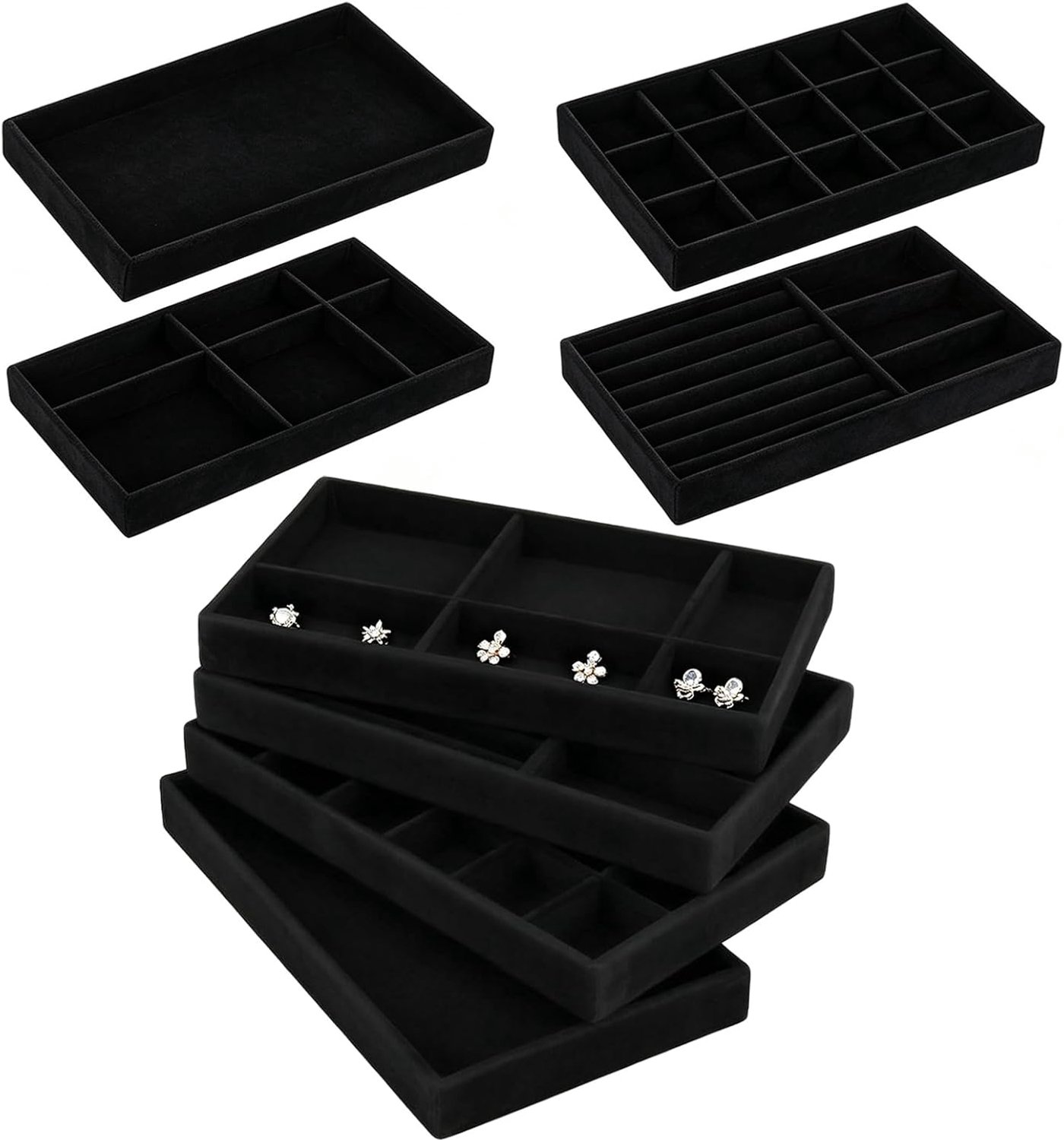 8 stuks zwarte sieradenopberglade, stapelbaar sieradendienblad, fluweel, sieradenorganizer, lade, sieradenhouder - ShopVlot