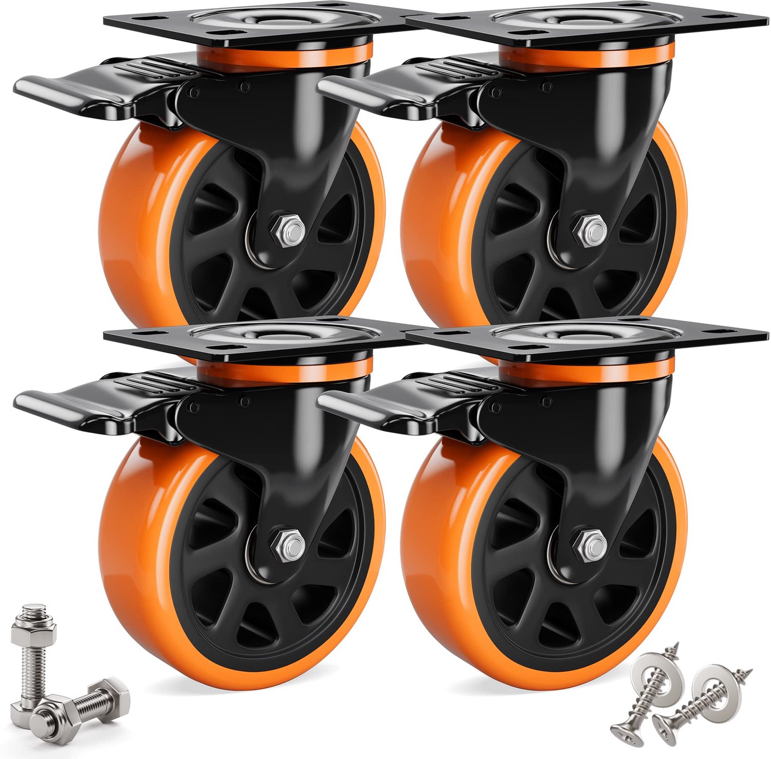 4 stuks zware wielen 75 mm met remmen incl. montagetoebehoren, zwenkwielen, transportwielen, 360° rotatie tot 480 kg, draagbaarheid voor meubeltranspo