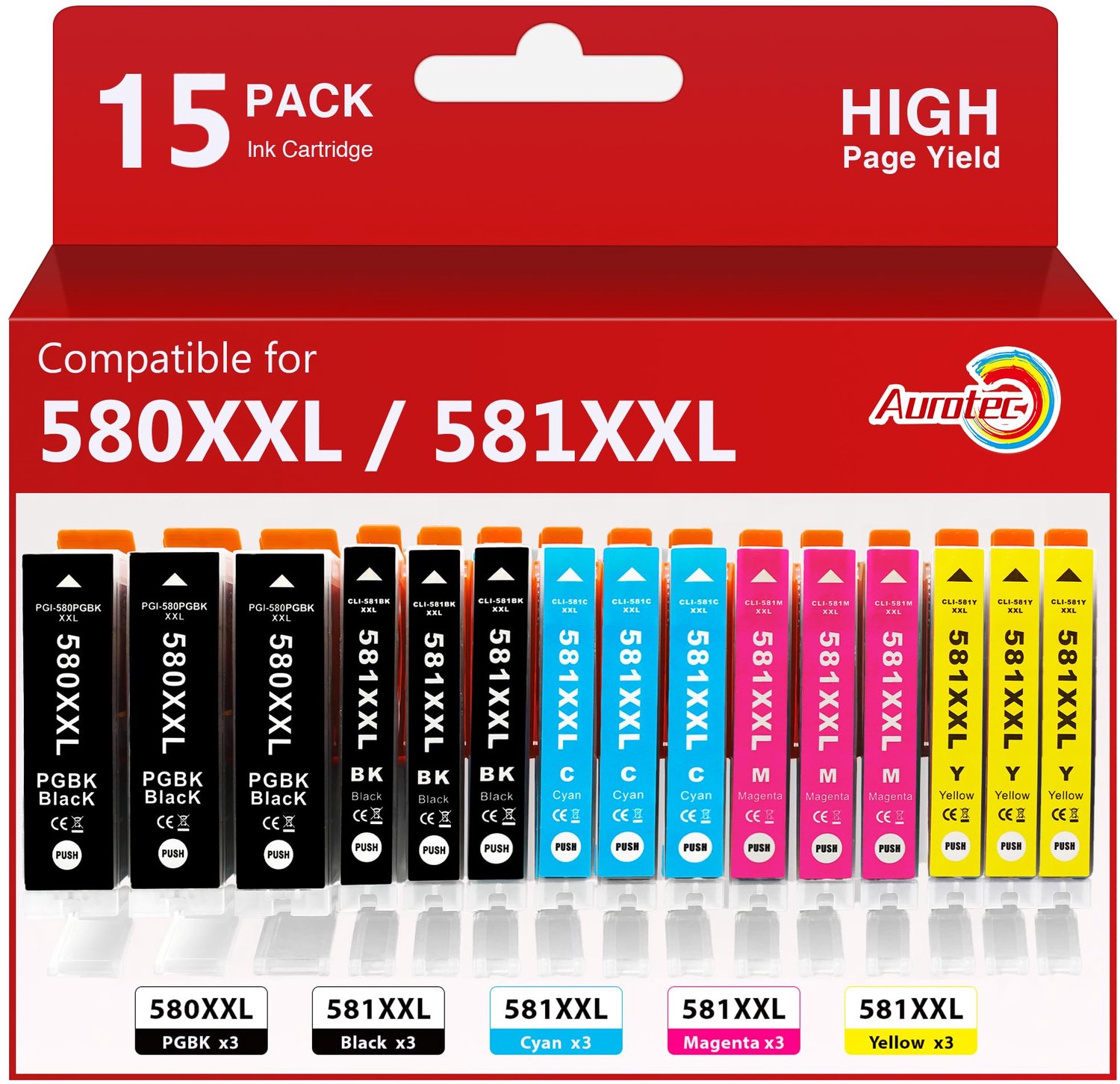Aurotec 580XXL 581XXL Cartridges Compatibel met Canon 580 581 xxl (15Stuks)