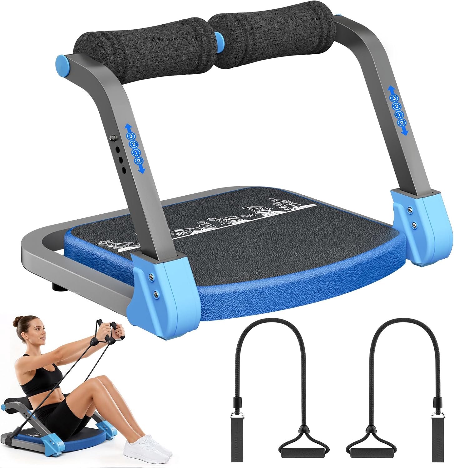 Buiktrainer, sit-up-apparaat met twee trekkoorden, 4-voudig instelbare weerstand, automatische terugslag, buiktrainer voor thuis en sportschool, blauw