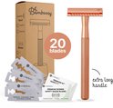 Rosegouden scheermes met extra lange handgreep, inclusief 20 mesjes van Cosmeau.