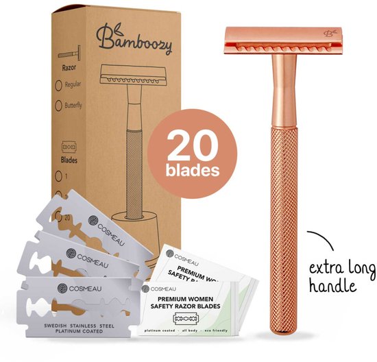 Rosegouden scheermes met extra lange handgreep, inclusief 20 mesjes van Cosmeau.