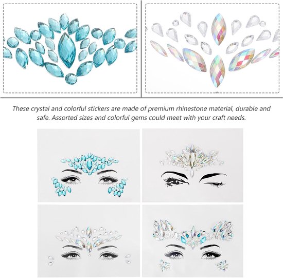 4 Stuks Delige Crystal Rhinestone Gezichtssieraden Zelfklevende Festival Glitter Steentjes voor Make-up Body Art Veilig Materiaal voor Feest Bruiloft Verkleedpartijen — afbeelding 5