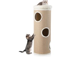 COSTWAY Krabton met 4 niveaus, 113 cm hoog, kattenbak met 3 holen, 2 sisal-krabplanken, pluche bed en bamboemat, speelton voor katten, kattenmeubels binnen, kattentoren, kattenboom, krabpaal (bruin)