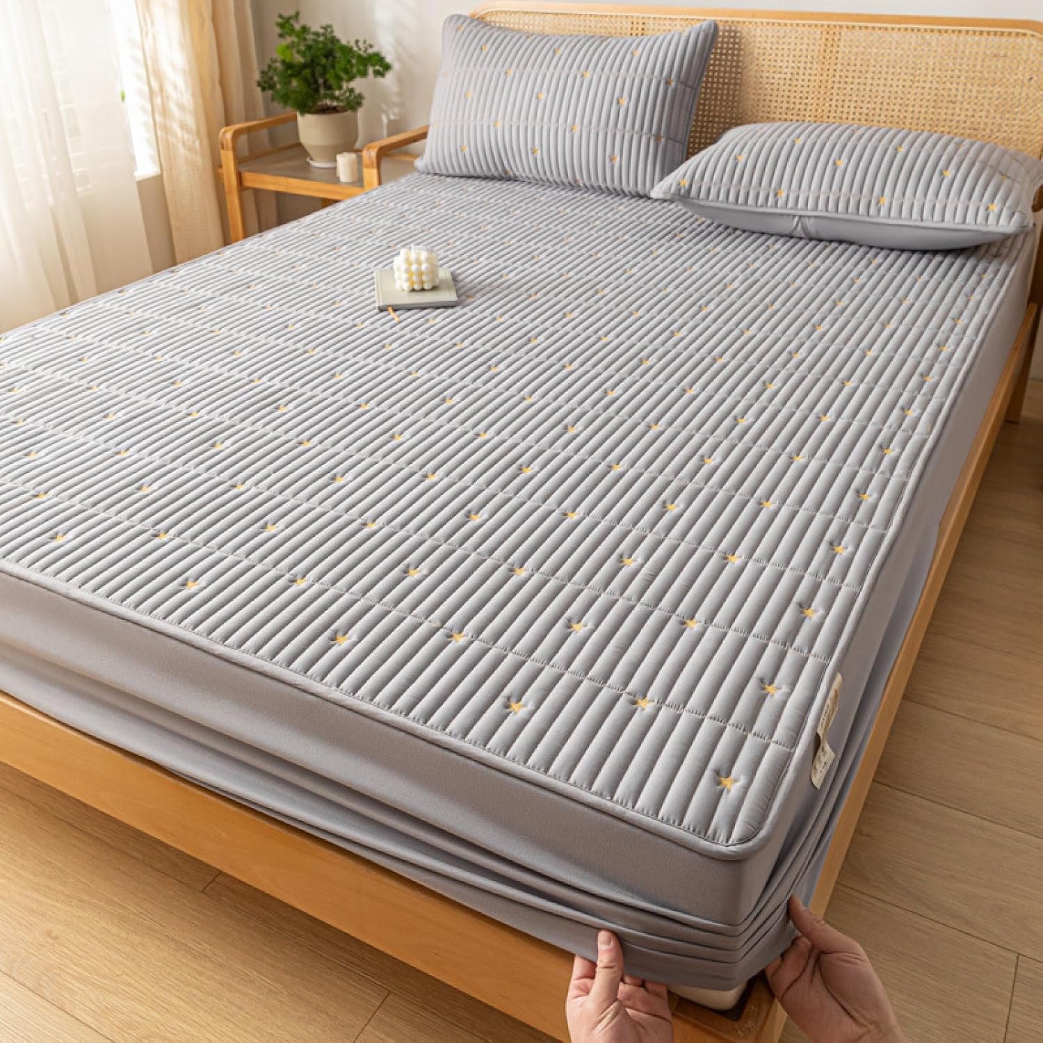 Soft Fitted Sheet King,Thick Quilted Embroidered Mattress Protector, Soft Solid Color Fitted Sheets For Single Double King Size Bed,Grey 1,150X190cm