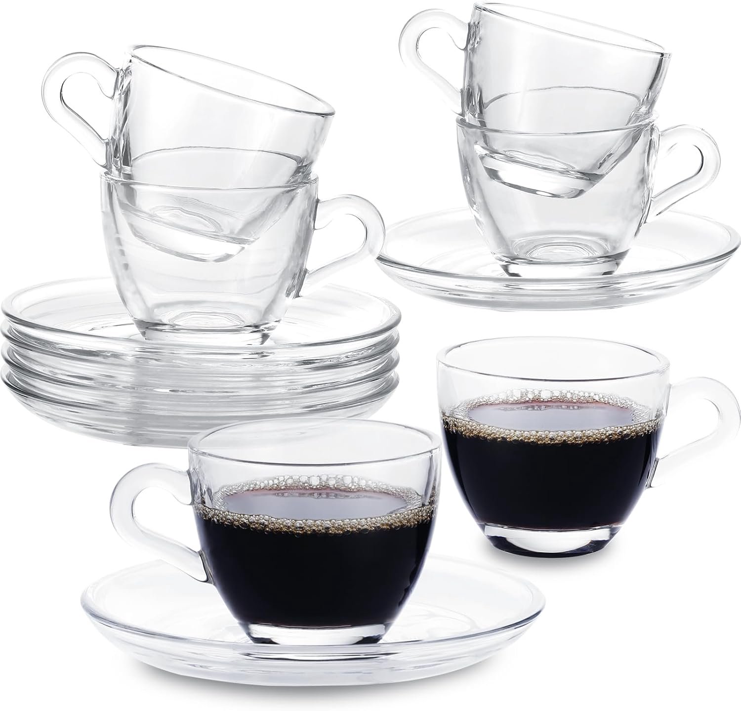 Espresso kopjes met schotels en lepels set van 6, glazen Demitasse kopjes voor cappuccino latte café mokka thee en meer drank, 2,5 oz/75 ml, helder