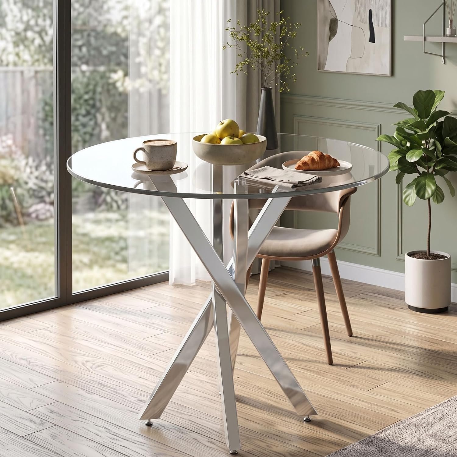 Eettafel, rond, met glasplaat, 80 × 80 × 75 cm, glazen tafel, zilver