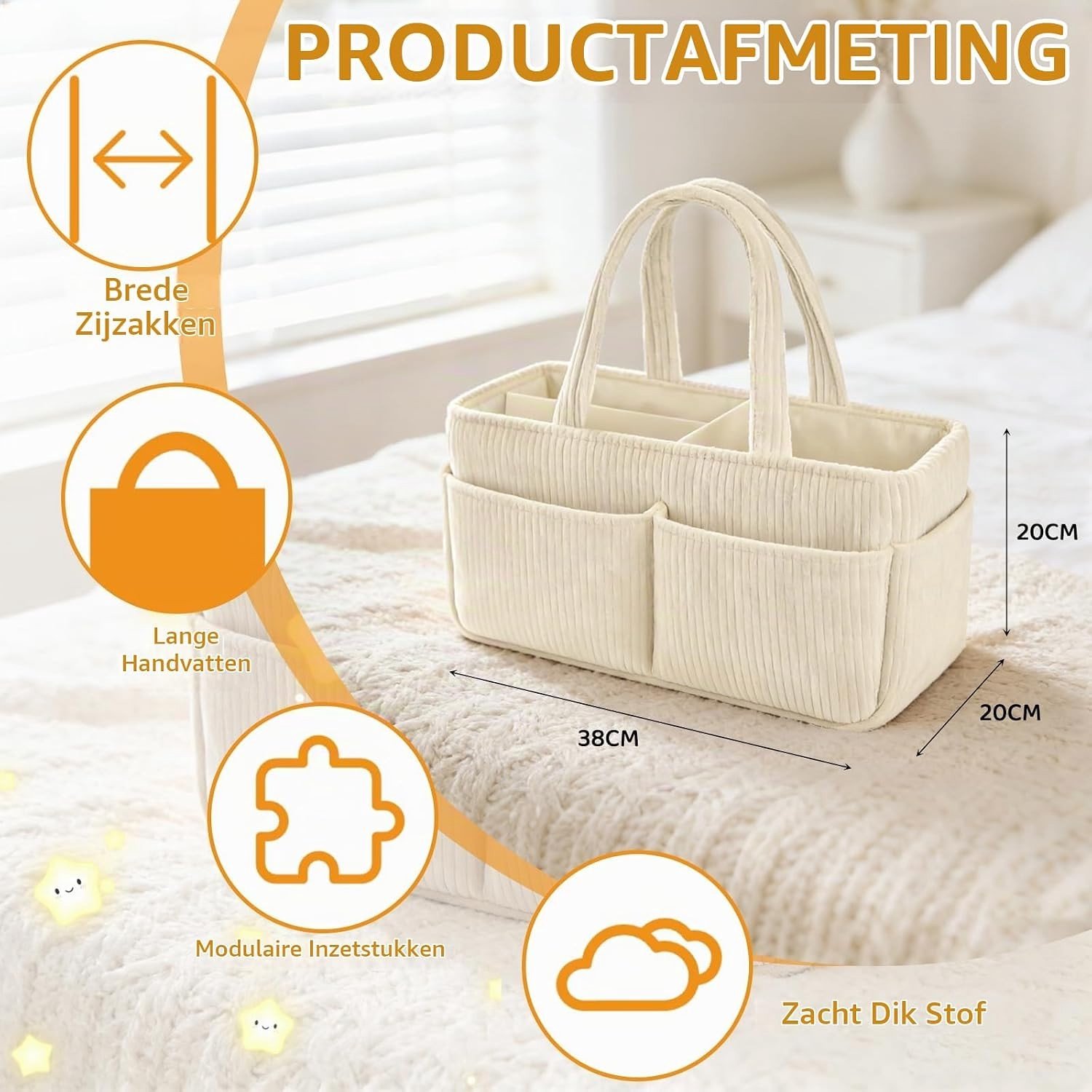 Stijlvolle luiermand van corduroy voor aankleedmat, multifunctionele luierorganizer met verwisselbare vakken en opbergruimte voor babyspullen (crème-wit)