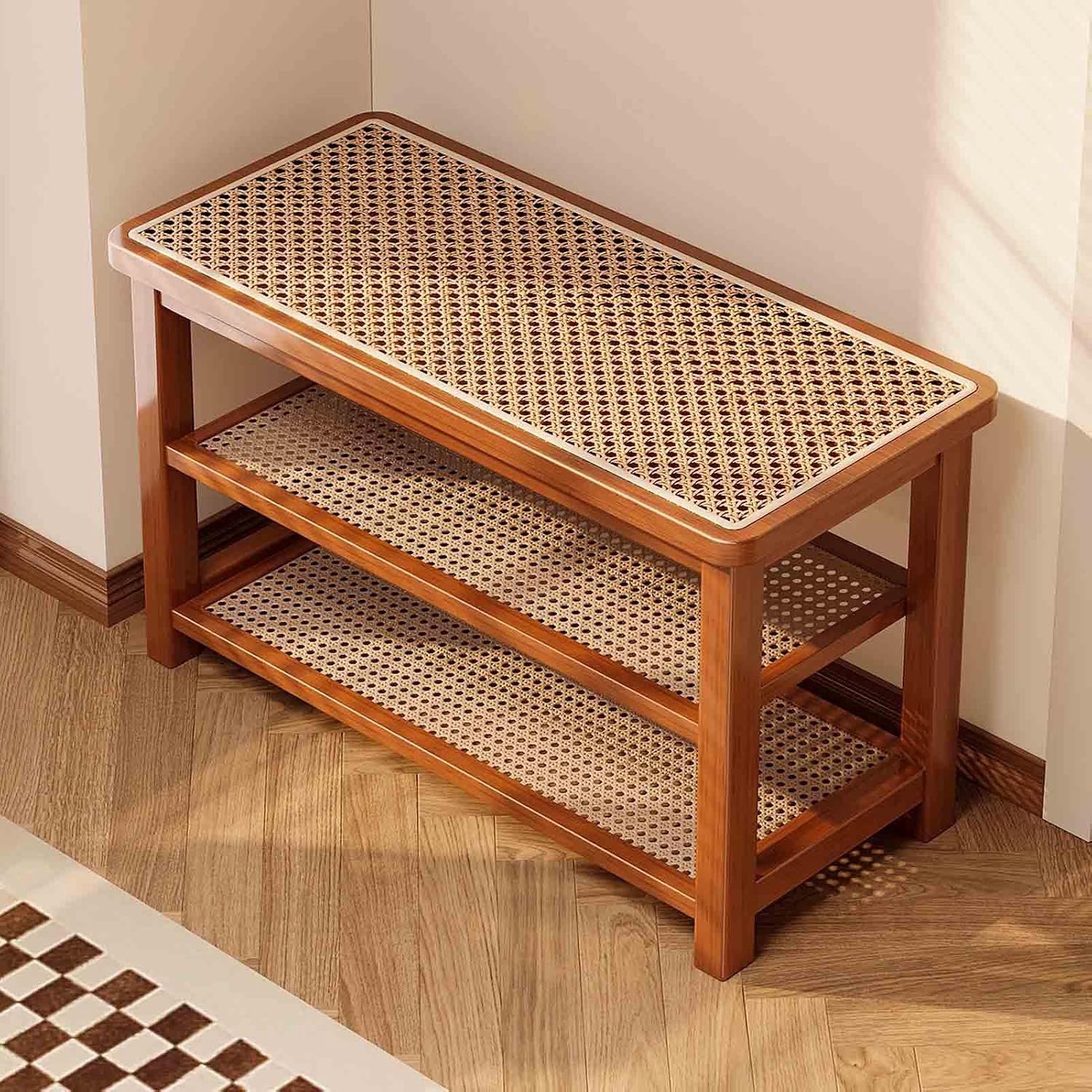 3-Tier Rotan Schoenenrek, Rustieke Bamboe Entryway Bank, Houdt tot 30 Lbs, 30 cm W, Walnootbruin