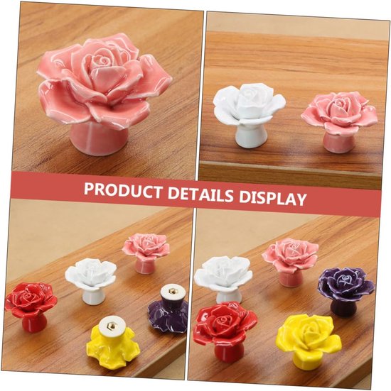 6 Stuks Rose keramische handvat witte roze knoppen geborsteld goud bloemen lade trekhendel kastdeur handgrepen deurklink Kast trek handgrepen garderobe handvat deurkrukken keramiek — afbeelding 4