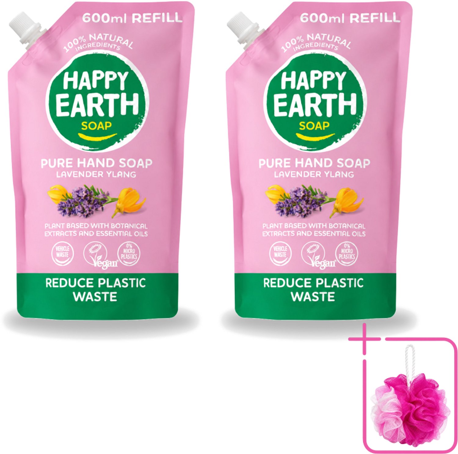 2 x Happy Earth – Handzeep Navulling – 100% Natuurlijk Lavender Ylang – 600 ml - Bulkverpakking - Natuurlijke handzeep - Douchemop - Navulverpakking