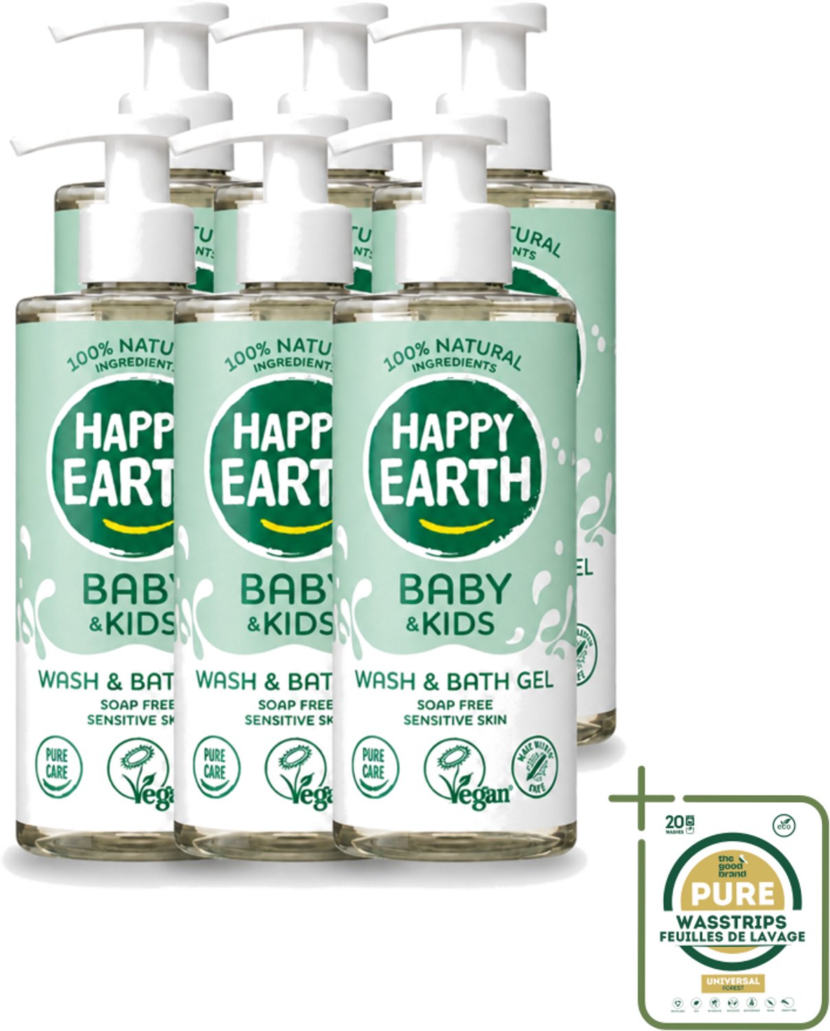 6 x Happy Earth – Was & Badgel – Zeepvrij Baby & Kids – 300 ml - Wasstrips - Babywasgel - Zeepvrij Babywasgel - Huidverzorging - Mild Wasgel - Allergeenvrije Wasgel