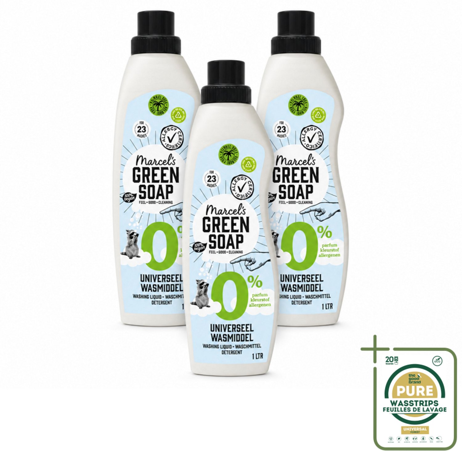 3 x Marcel’s Green Soap – Wasmiddel – Universeel - 0% – Zonder parfum en kleurstof – 1 liter - Wasstrips - Wasmiddel 0% Parfum - Gevoelige Huid Wasmiddel - Duurzame Wasmiddel - Geen Kleurstoffen - Geen Parfum