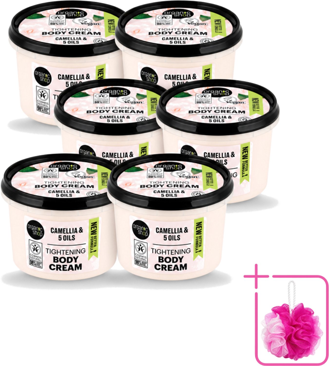 6 x Organic Shop - Organic Camellia & 5 Oils Body Cream - Verzachtend en Hydraterend - 250 ml - Bulkverpakking - Organische bodycrème - Douchemop - Japanse kamelia