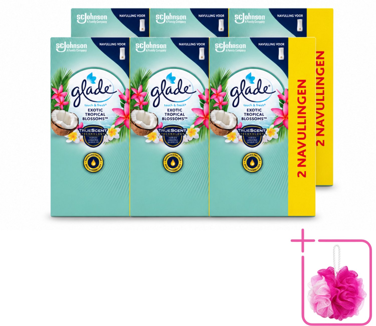 6 x Glade - Touch & Fresh - Exotic Tropical Blossoms - 2x 10 ml - Bulkverpakking - Geur - Douchemop - Frisheid