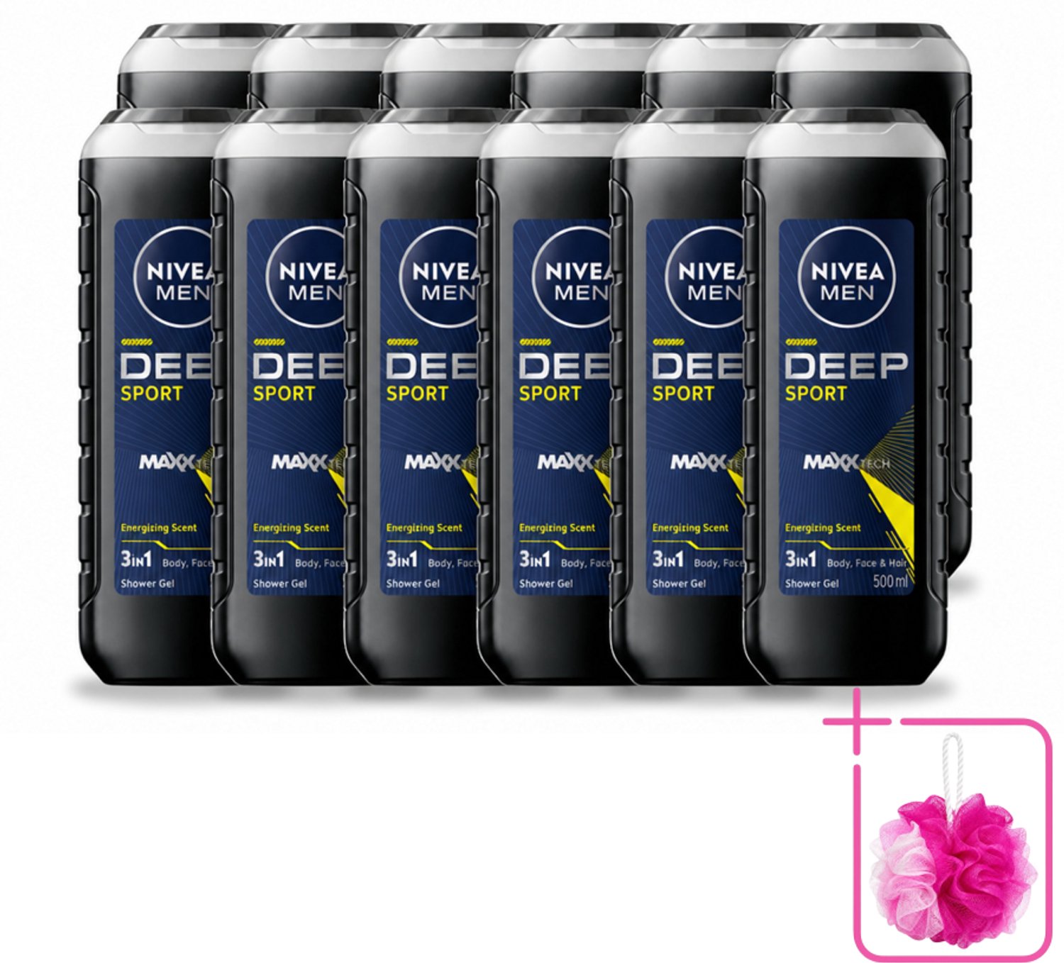 12 x NIVEA MEN - Douchegel - Deep Sport - 500 ml - Bulkverpakking - Sportdouchegel - Douchemop - Mannelijke douchegel