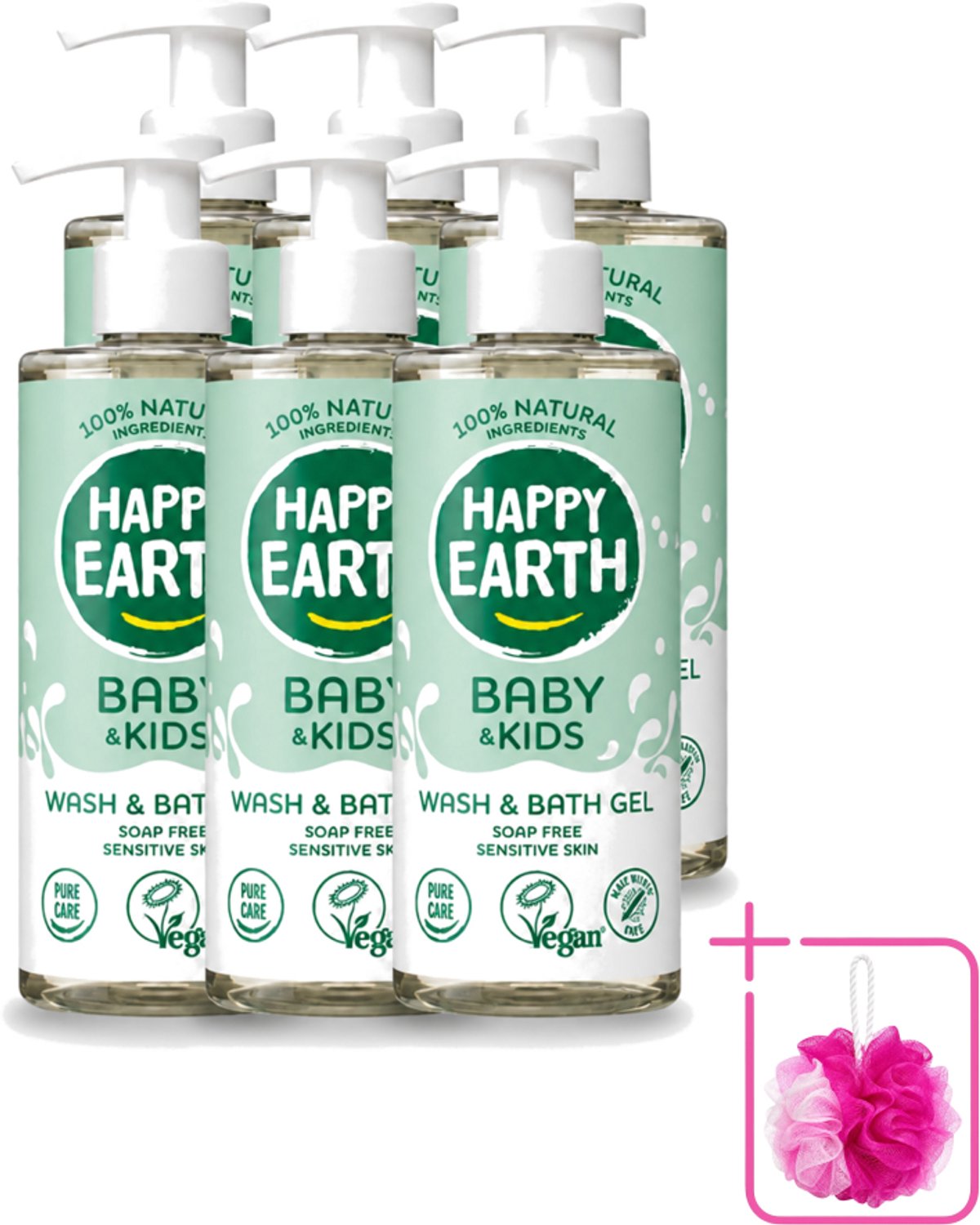 6 x Happy Earth – Was & Badgel – Zeepvrij Baby & Kids – 300 ml - Bulkverpakking - Wasgel - Douchemop - Huidverzachter