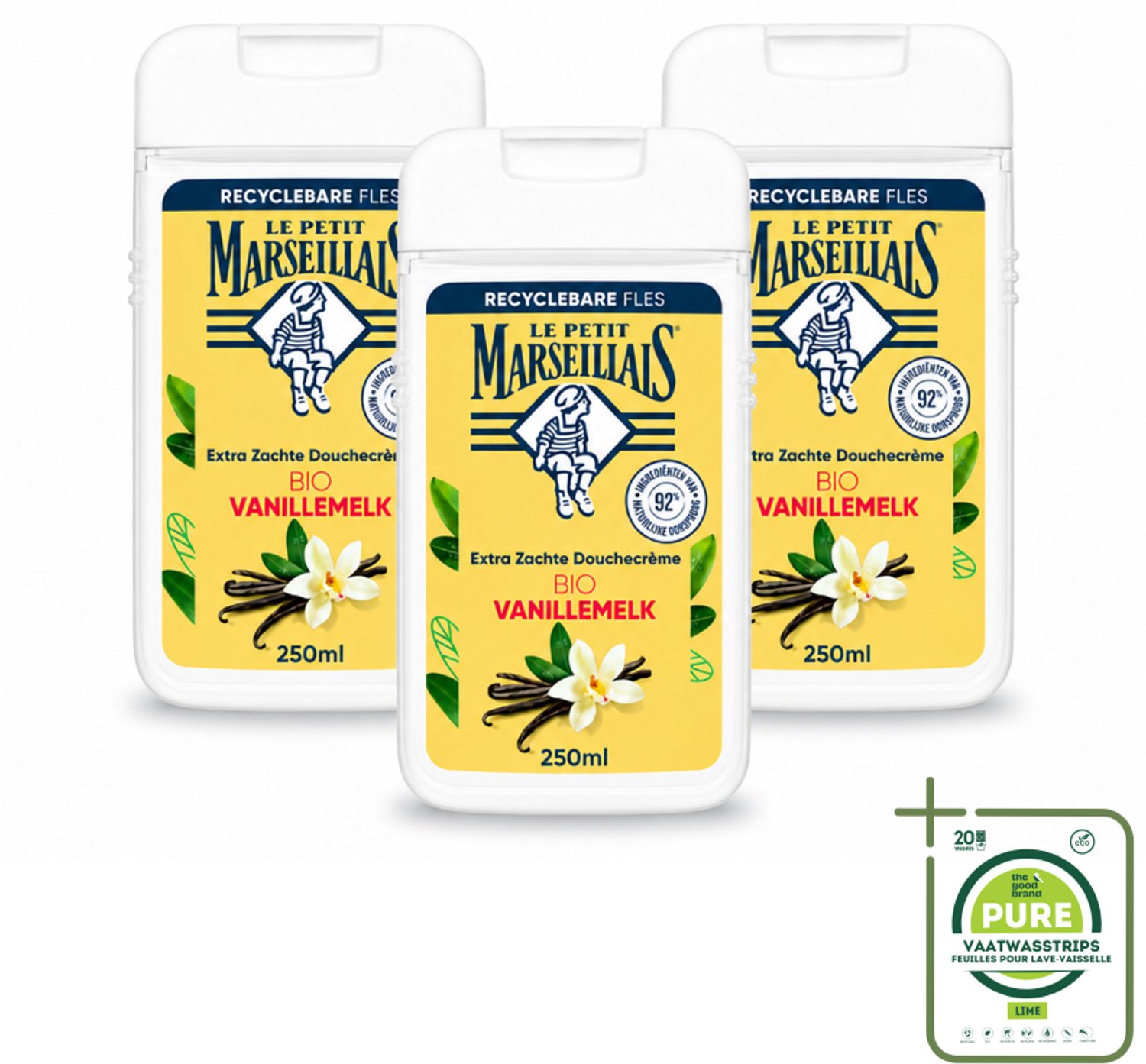 3 x Le Petit Marseillais – Douchecrème – Lait de Vanille Bio – Extra zacht – 250 ml - Grootverpakking - Vaatwasstrips - Douchecrème - Vanille - Bio - Huid Verzorgen - Natuurlijke Douchecrème