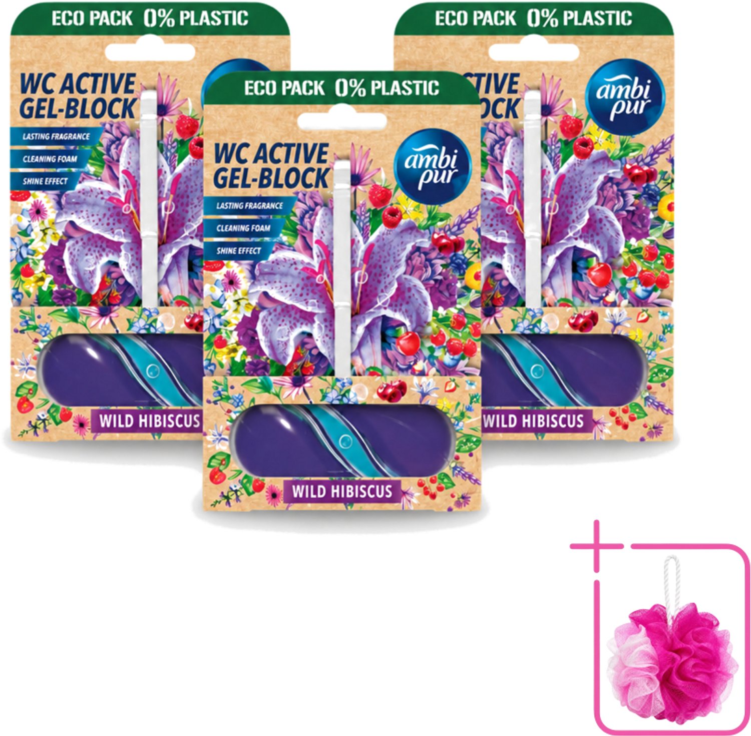 3 x Ambi Pur – Toiletblok – Wild Hibiscus – 45 g - Bulkverpakking - Toiletblok - Douchemop - Fris toilet
