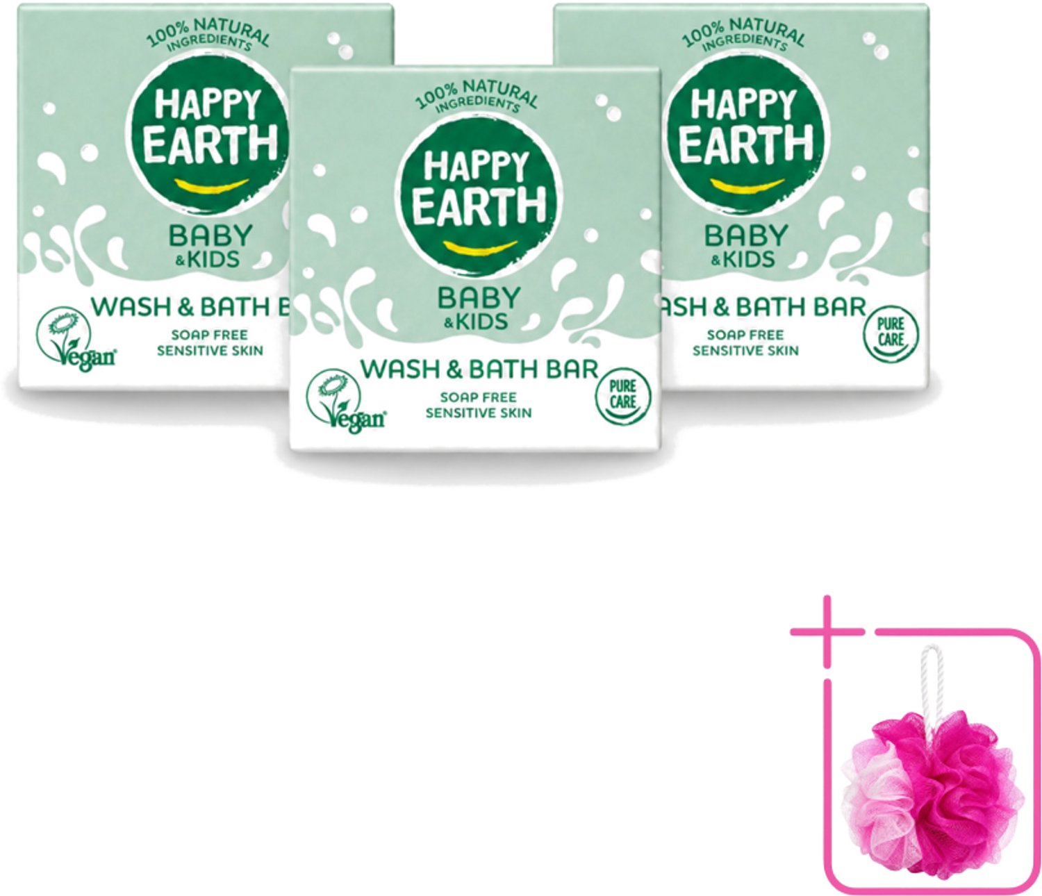 3 x Happy Earth – Wash & Bath Bar – 100% Natuurlijk Baby & Kids – 50 g - Bulkverpakking - Baby wasbar - Douchemop - Kind badbar