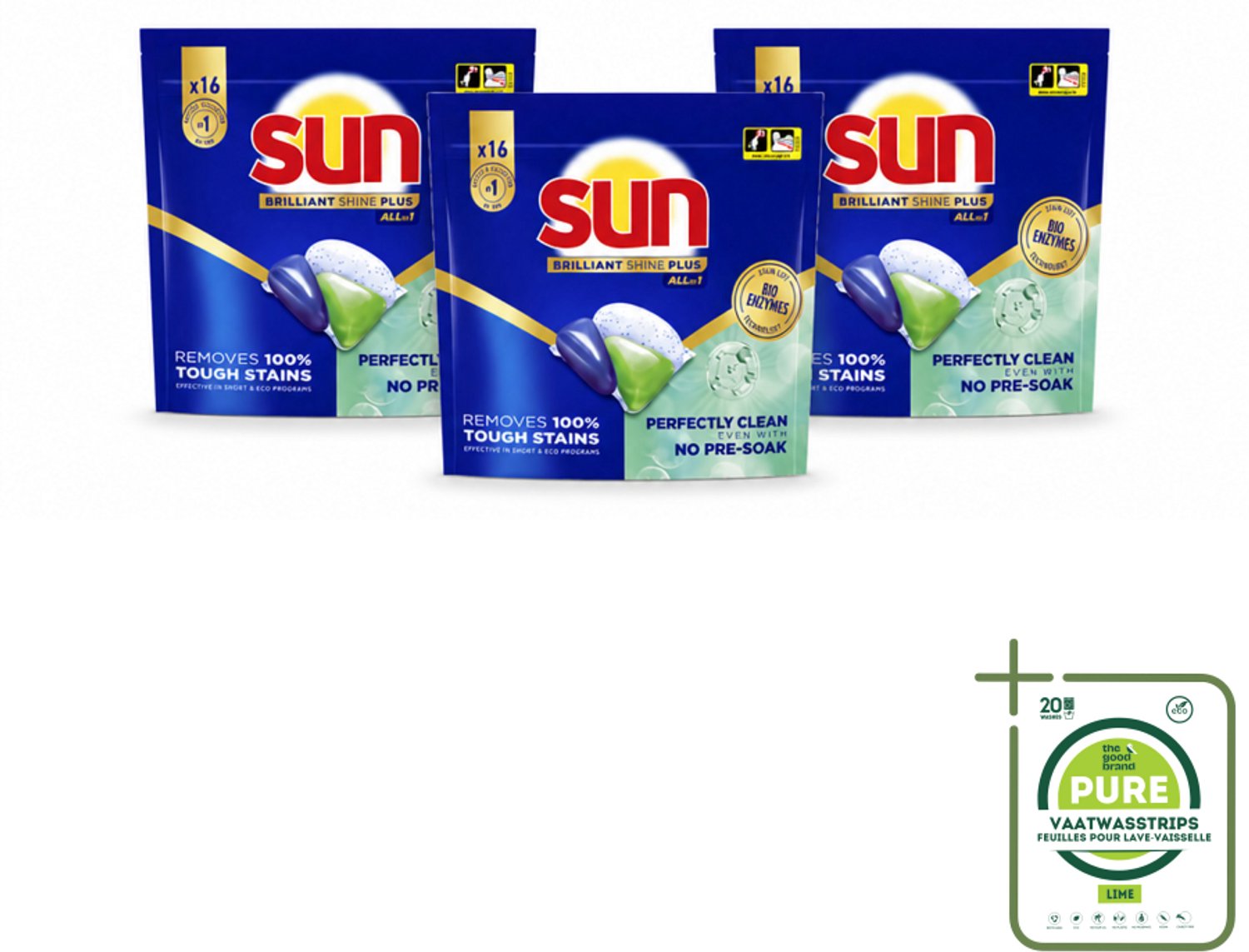 3 x Sun – Vaatwascapsules – Brilliant Shine+ All-in-1 – 16 capsules - Grootverpakking - Vaatwasstrips - Vaatwasmiddel - Vaatwascapsules - Schone Vaat - Glans - Droge Vaat