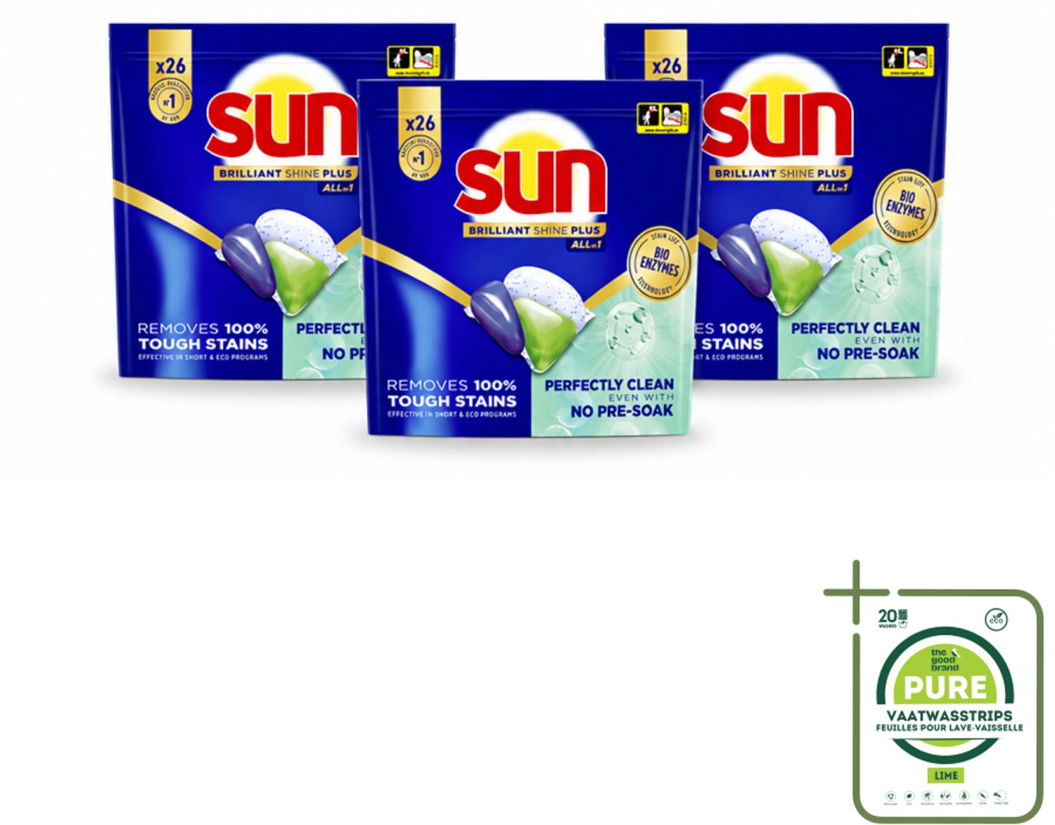 3 x Sun – Vaatwascapsules – Brilliant Shine+ All-in-1 - 26 capsules - Grootverpakking - Vaatwasstrips - Vaatwasmiddel - Vaatwascapsules - Schone Vaat - Vlekken Verwijderen - Vaat Reinigen